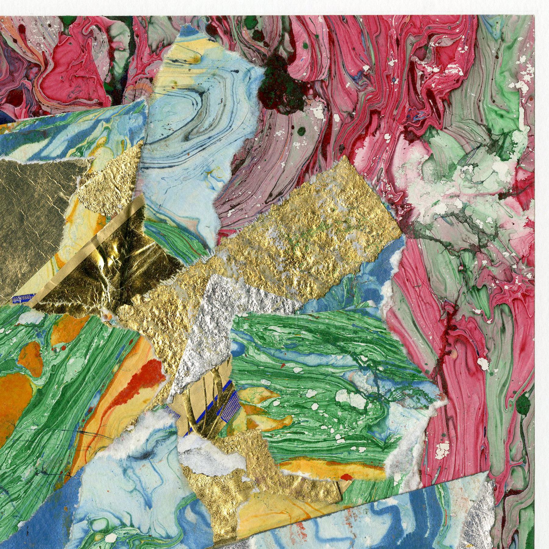 Untitled
Collage made of foil, golf leaf and marbled book papers, c. 2004 
Unsigned, from the Estate of the artist.
Image size: 8 5/8 x 10 inches
Sheet size:  14 x 17 inches
Peter Marks (1935 -2010)

Peter Marks was born in New York City on January