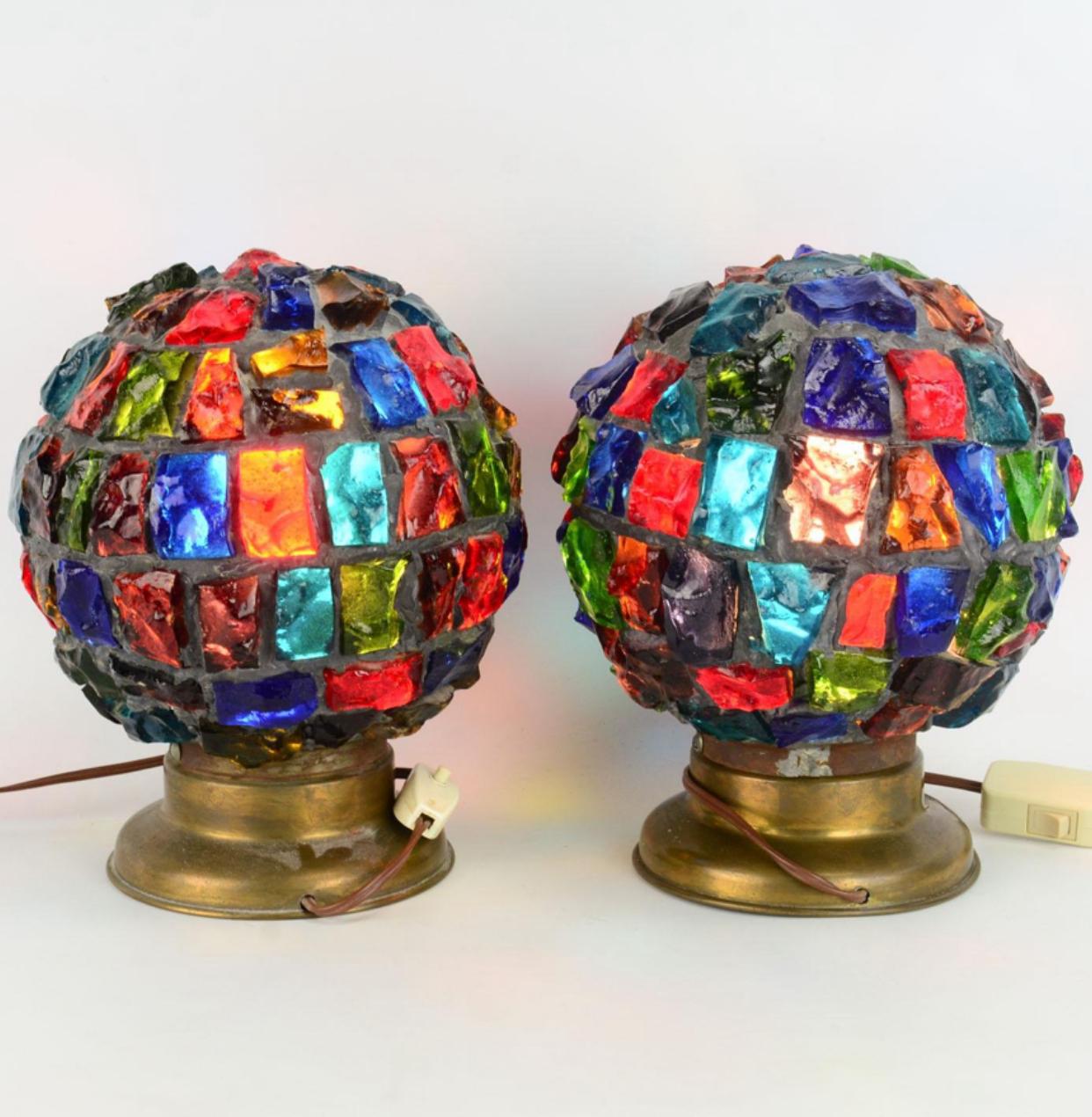 Mid-Century Modern Peter Marsh for Nader Multicolor Dalle De Verre, Chunk Glass Globe Lights For Sale