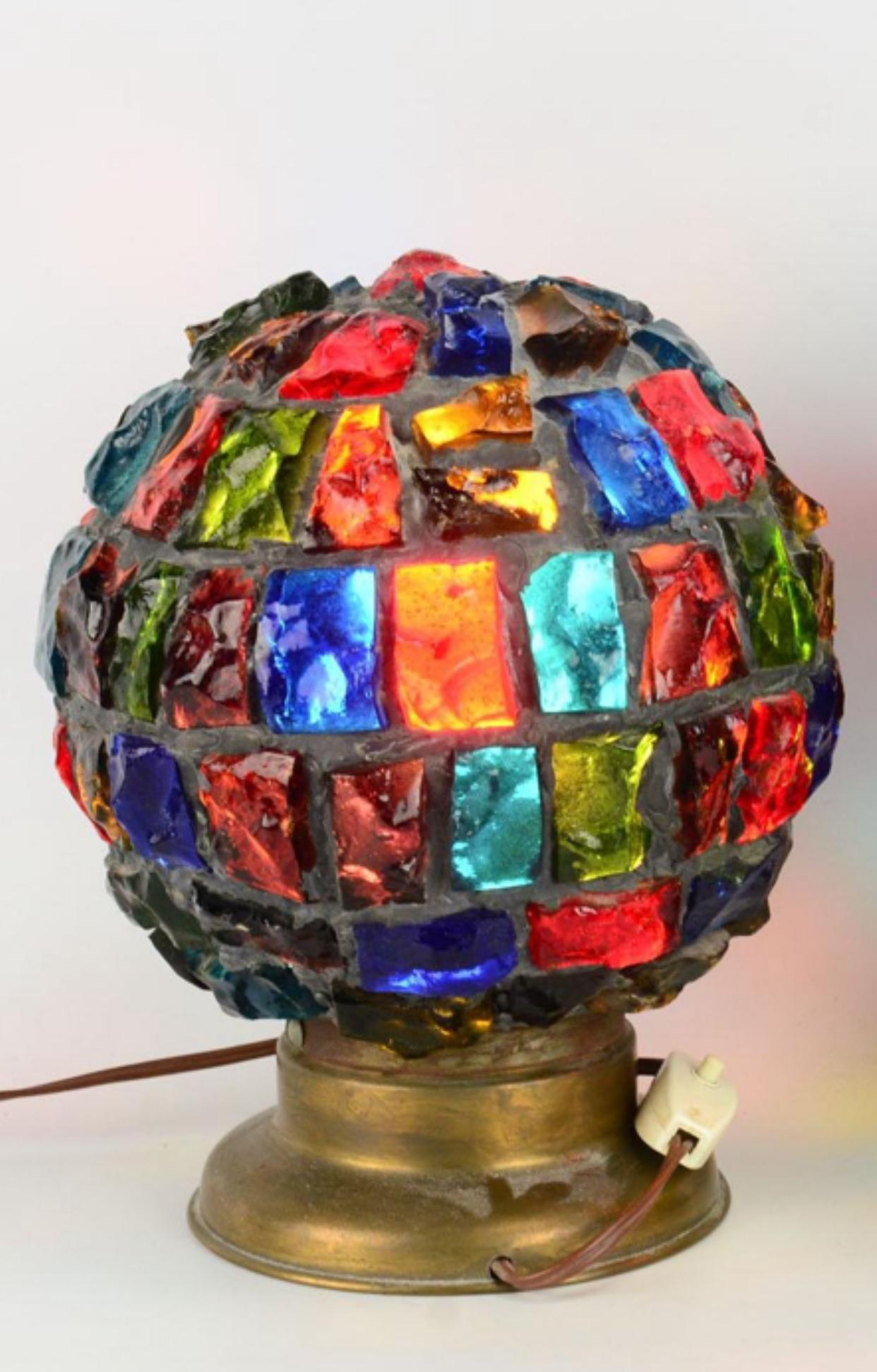 Brass Peter Marsh for Nader Multicolor Dalle De Verre, Chunk Glass Globe Lights For Sale