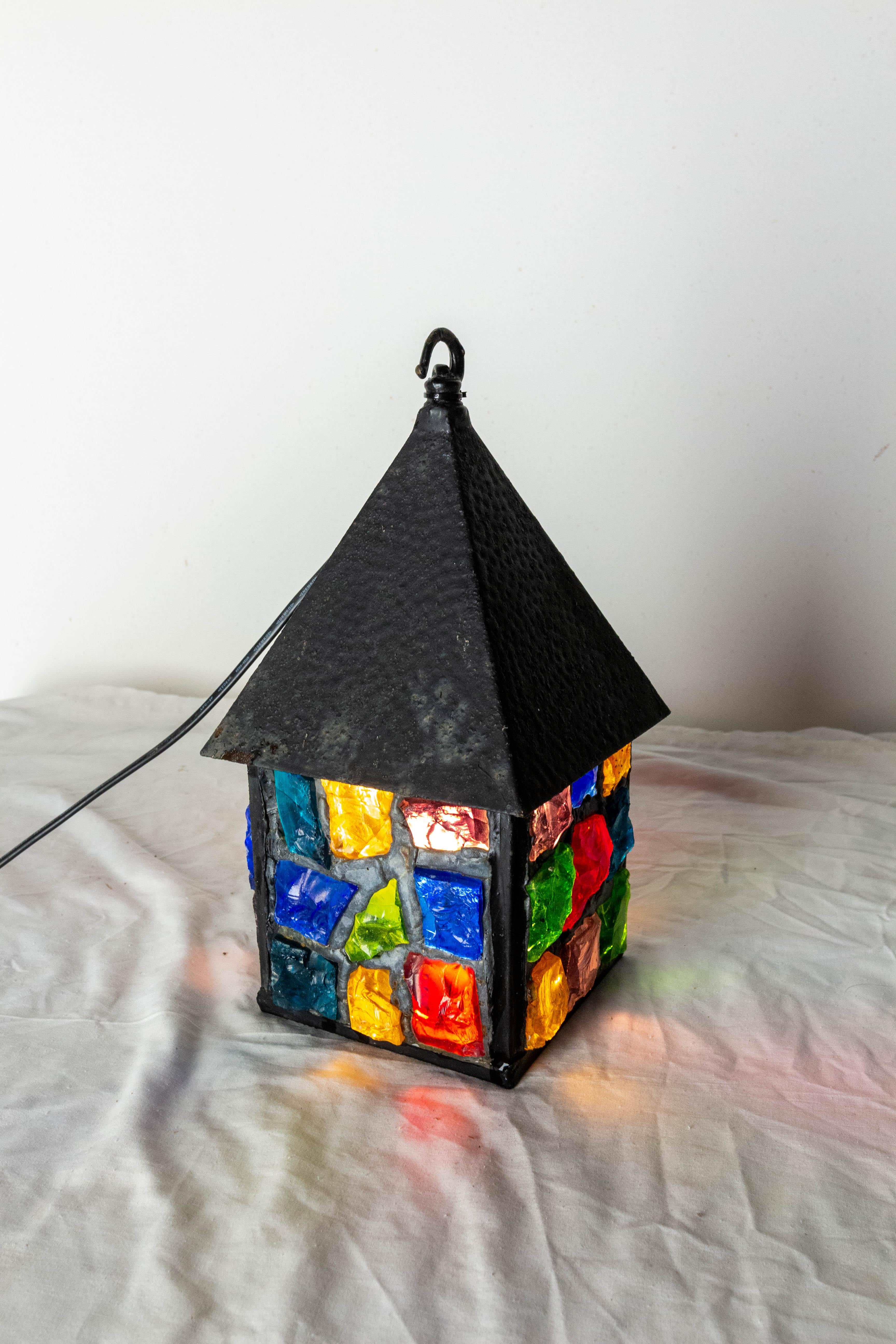 Mid-Century Modern Peter Marsh Wrought Iron Colored Glass Light House Lantern, English, circa 1960