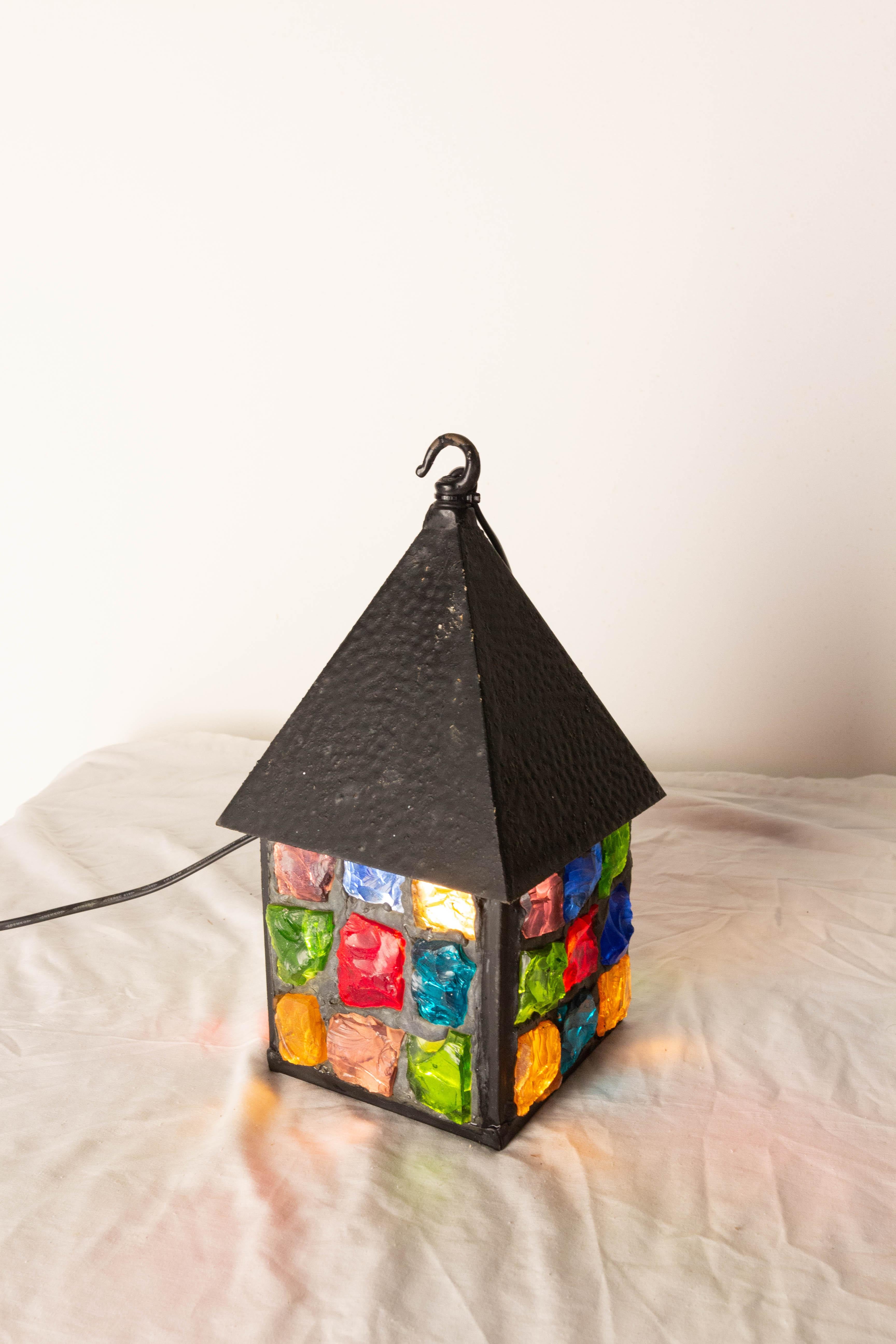 Peter Marsh Wrought Iron Colored Glass Light House Lantern, English, circa 1960 In Good Condition In Labrit, Landes