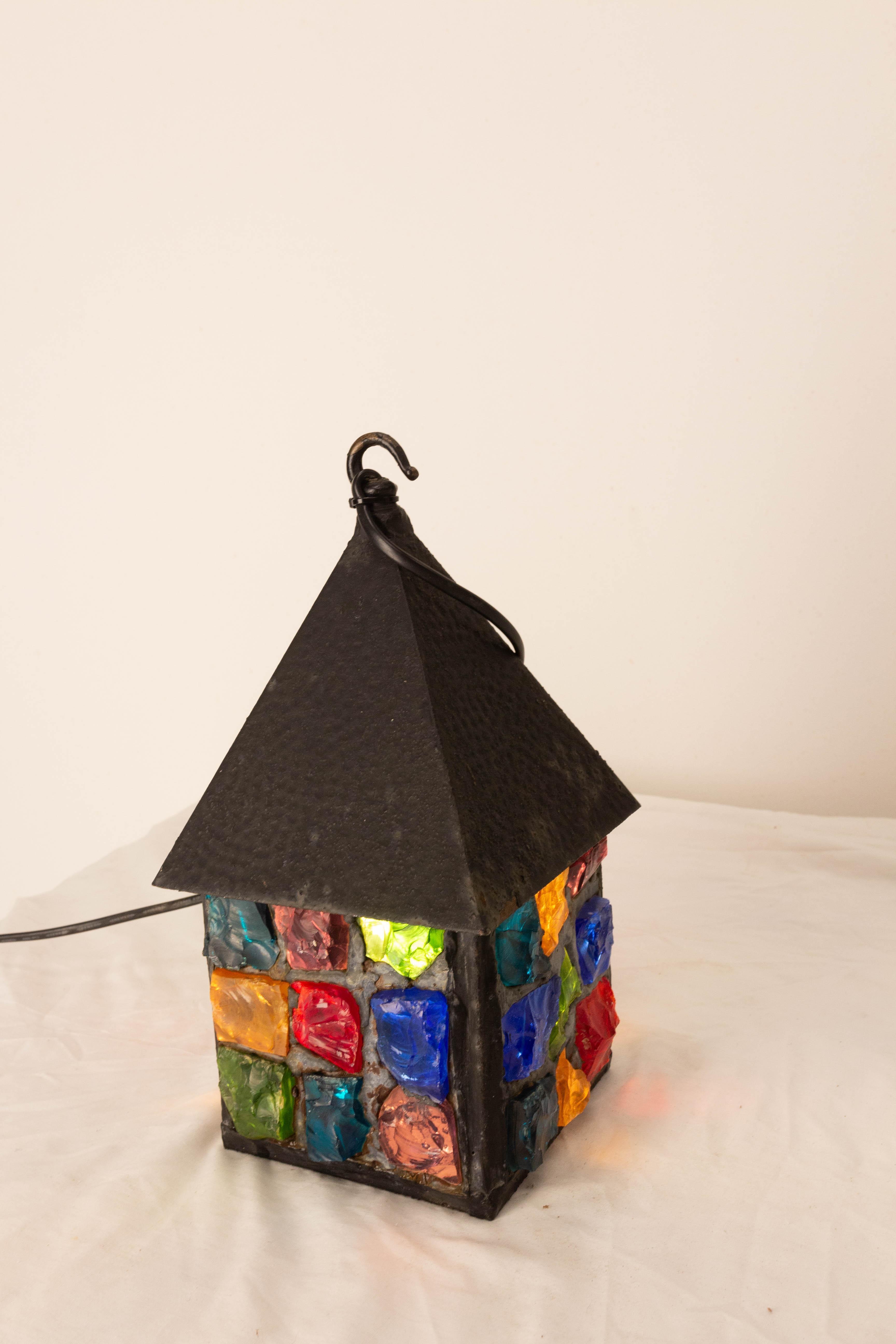 Peter Marsh Wrought Iron Colored Glass Light House Lantern, English, circa 1960 1