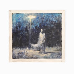 Peter Martensen Oil Painting on Wood "Man with Dog in the Light of Street Lamp"