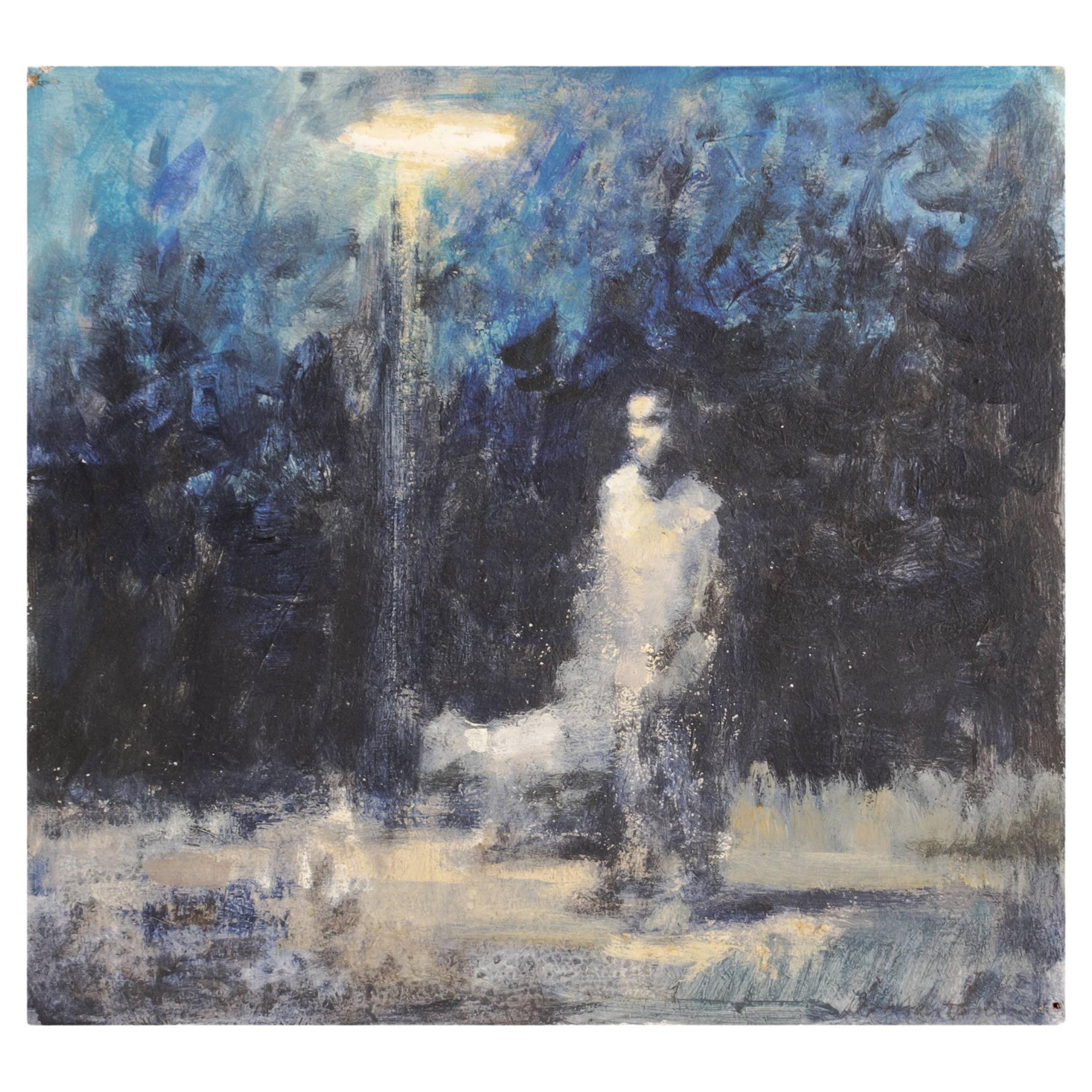 Peter Martensen Oil Painting on Wood "Man with Dog in the Light of Street Lamp" For Sale