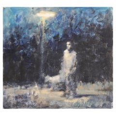 Peter Martensen Oil Painting on Wood "Man with Dog in the Light of Street Lamp"