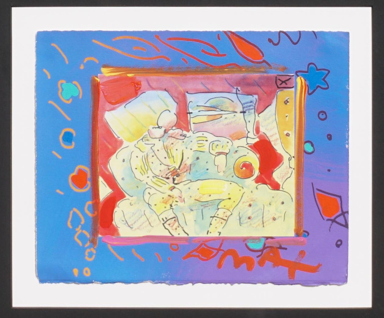 Peter Max (American, b.1937) “gent on sofa” 1996 Overpaint 
signed “Max” (lower right).
A unique variation. Peter Max studio stamp on verso.

Excellent condition

Measures: Artwork: 8.5 x 10.5 inches.
Framed: 19 x 21 inches.

AVANTIQUES is dedicated