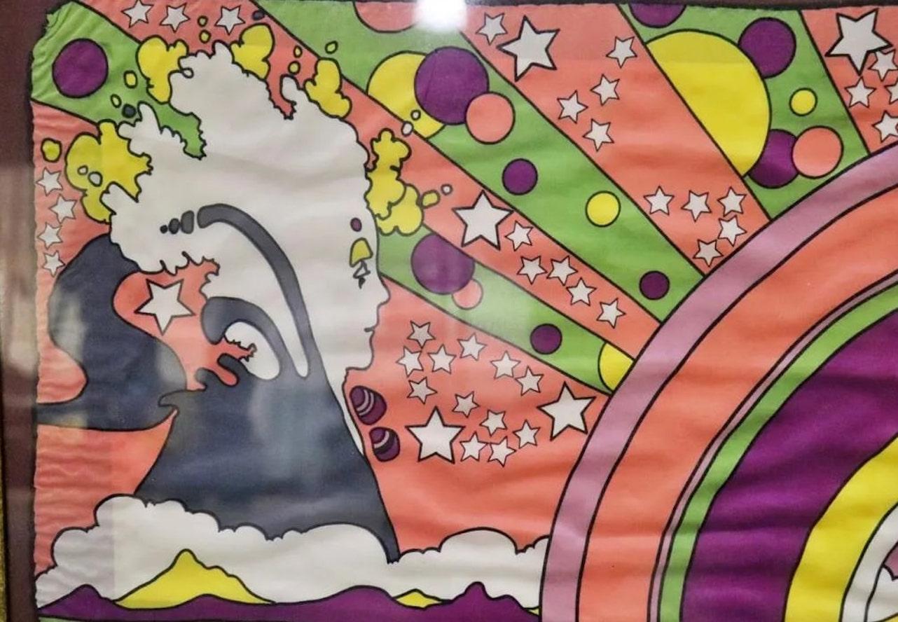 Dies ist ein Schal des bekannten Künstlers Peter Max. Einer der berühmtesten und bekanntesten Künstler der 1960er Jahre. Seine ikonischen psychedelischen Kunstwerke dienten den Beatles als Inspiration für ihren Zeichentrickfilm Yellow