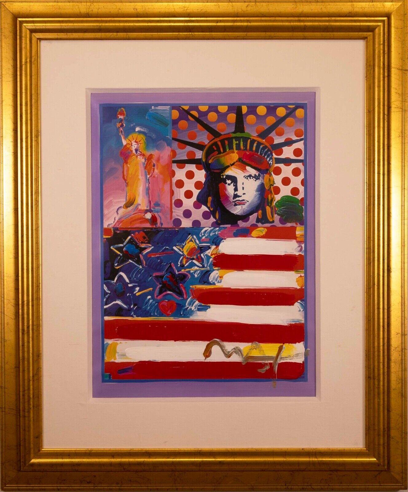 A classic patriotic mixed-media lithography with acrylic painting on paper titled “God Bless America II” by famed artist Peter Max. Hand signed in acrylic by artist bottom right. Created in 2001. Lady Liberty’s portrait makes an appearance alongside