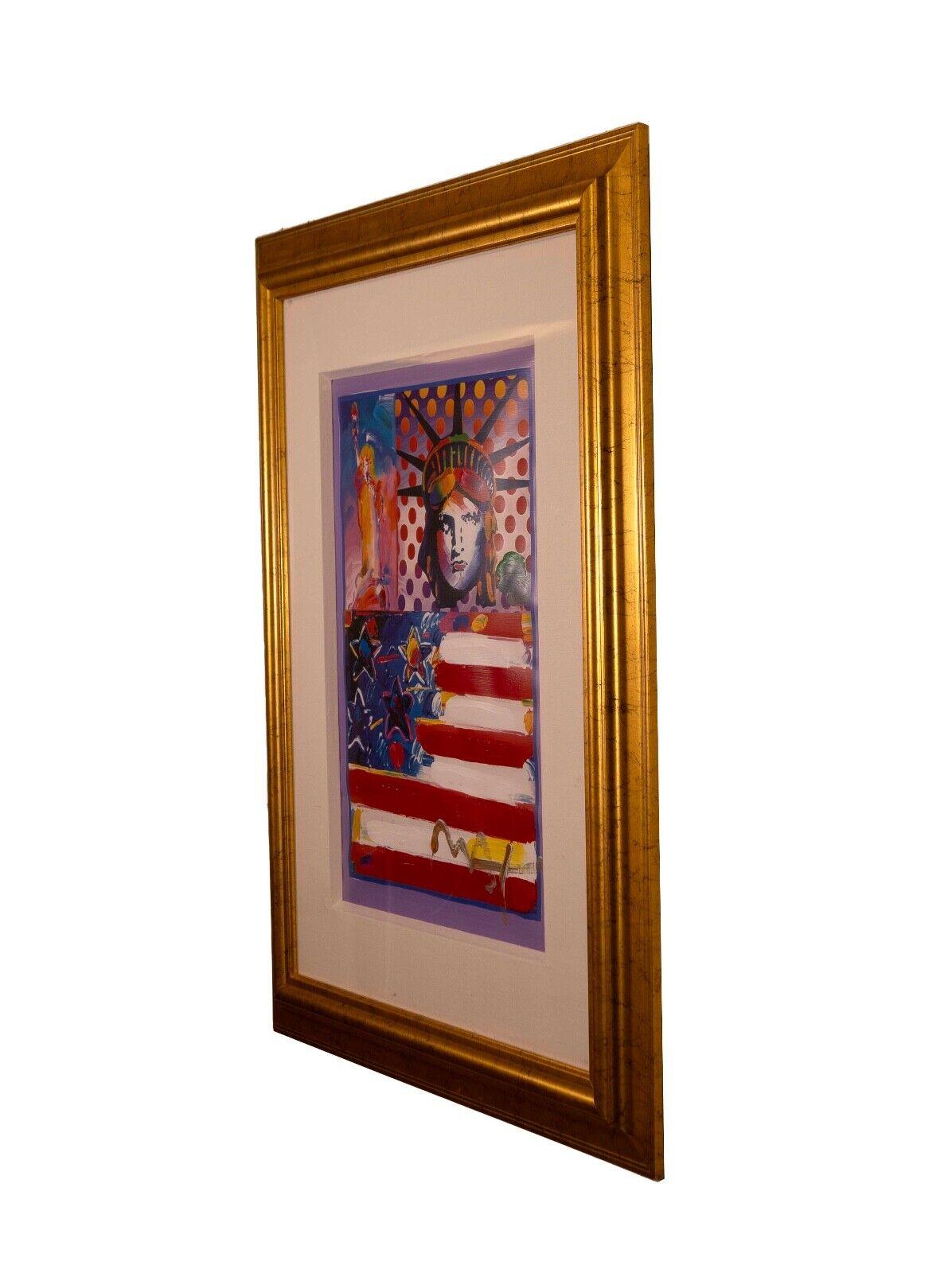 Peter Max God Bless America II Signed Mixed Media Acrylic Painting on Paper 2001 In Good Condition For Sale In Keego Harbor, MI