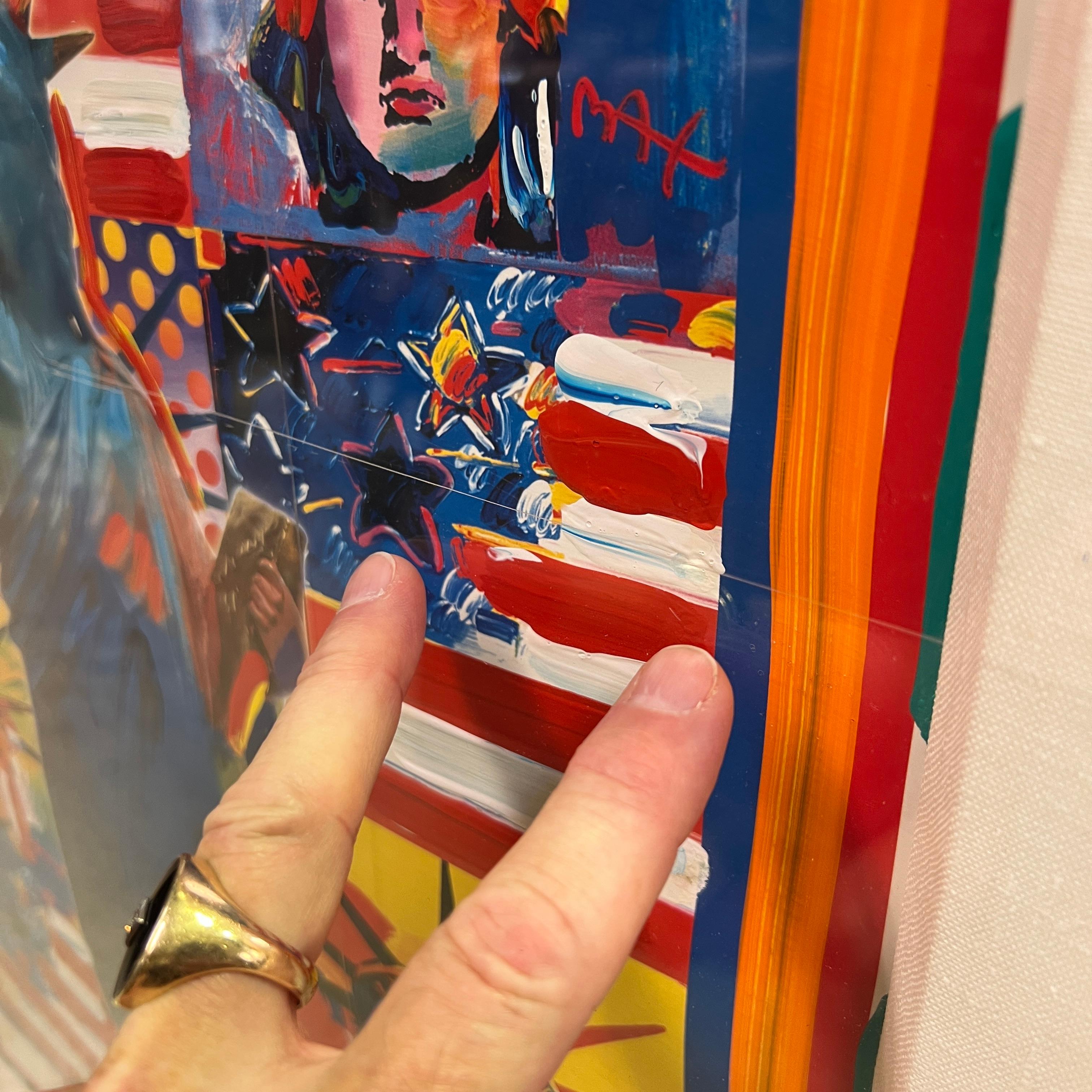 Peter Max God Bless America with Five Lady Liberty Figures Mixed Media Painting 3