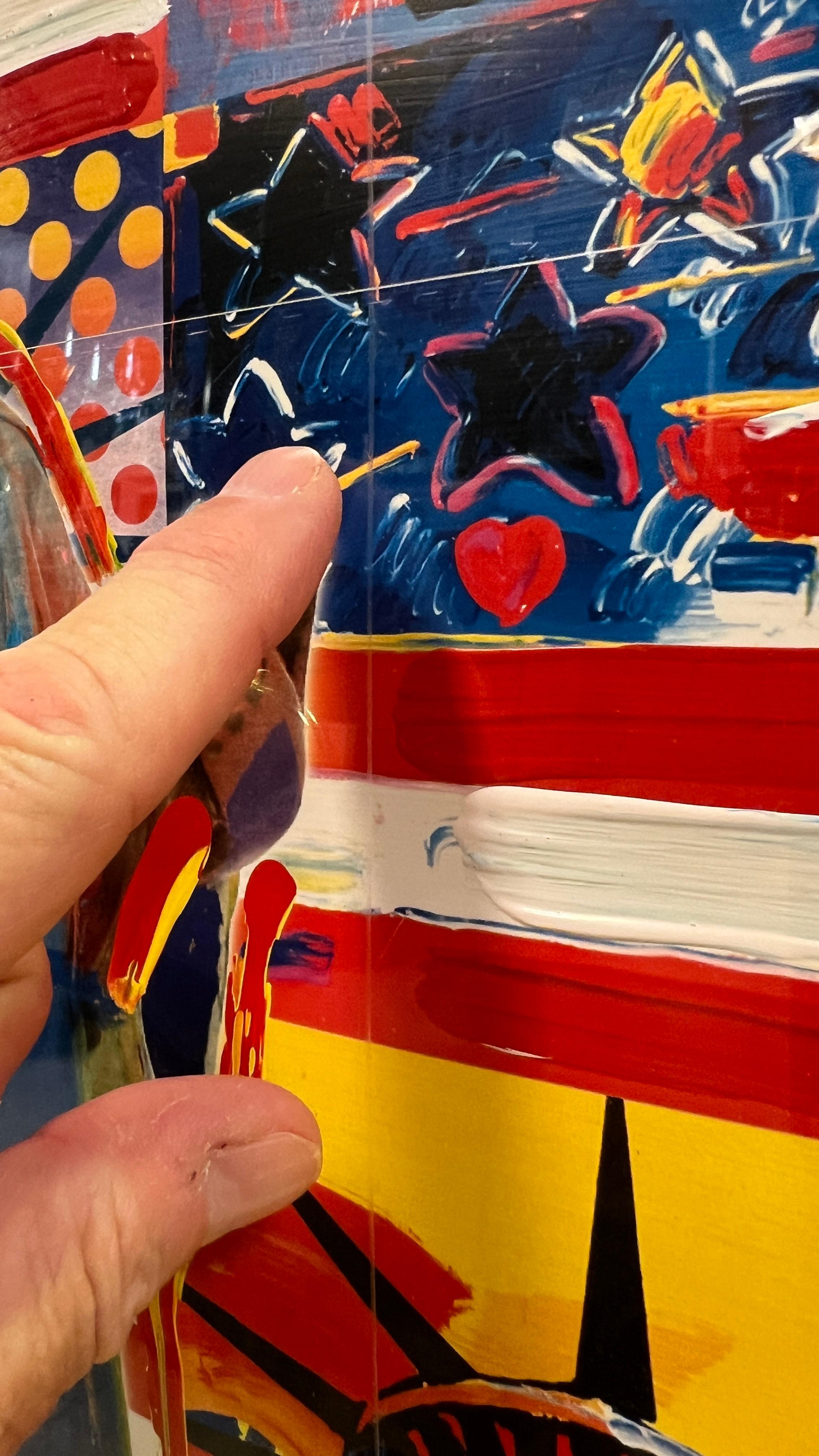 Peter Max God Bless America with Five Lady Liberty Figures Mixed Media Painting 4