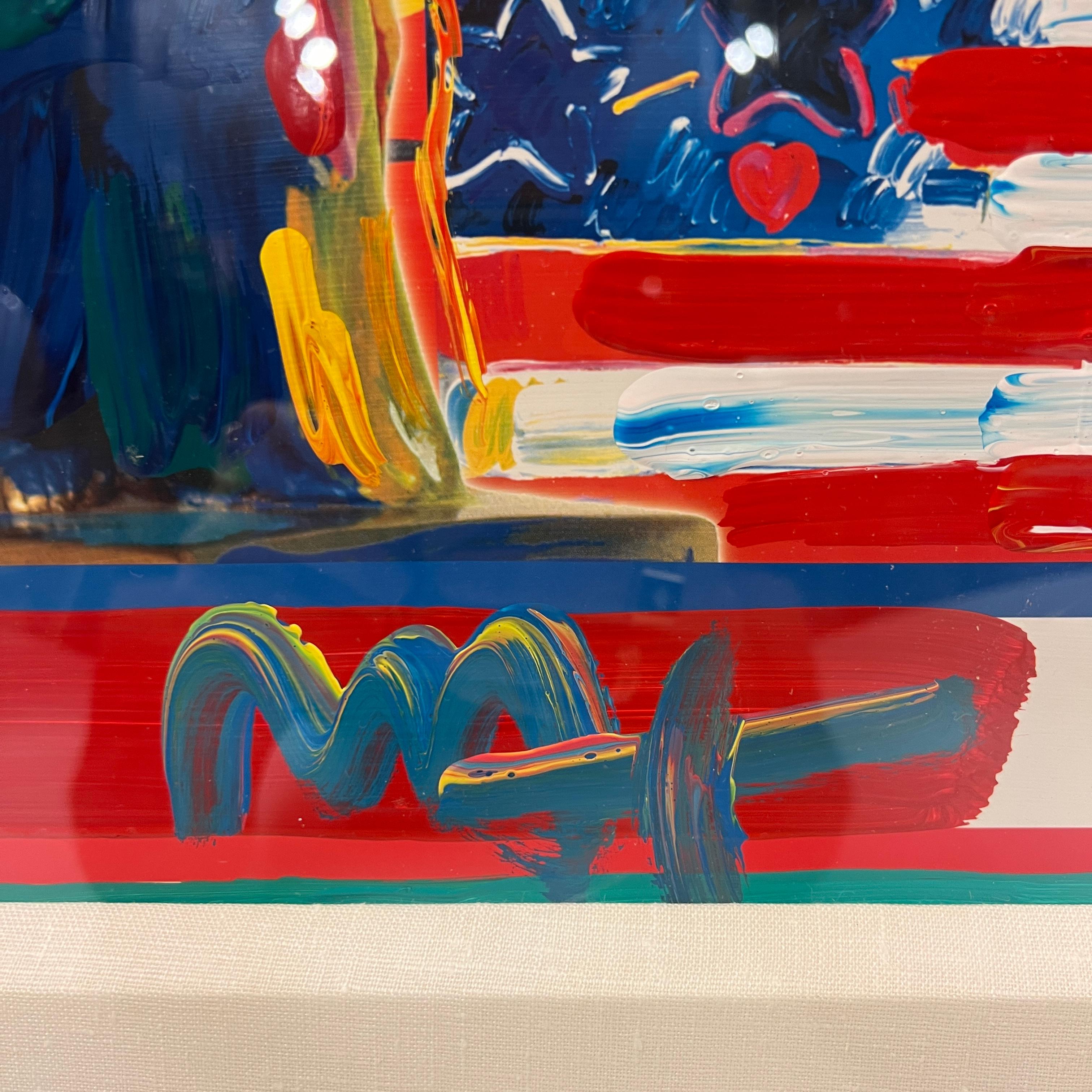 Post-Modern Peter Max God Bless America with Five Lady Liberty Figures Mixed Media Painting
