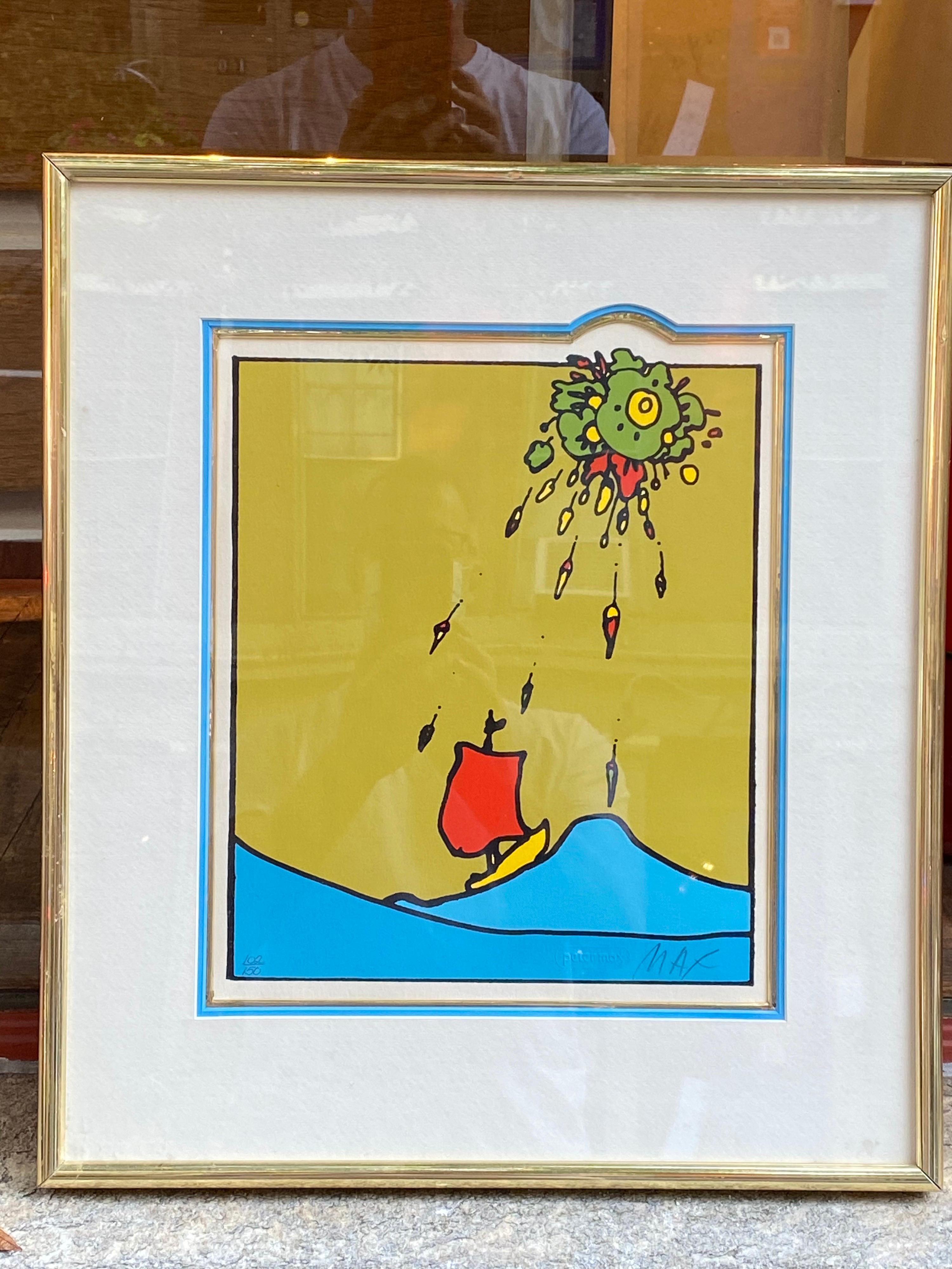 Peter Max Little Sailboat with Red Sail 1974. Image area measures: 10