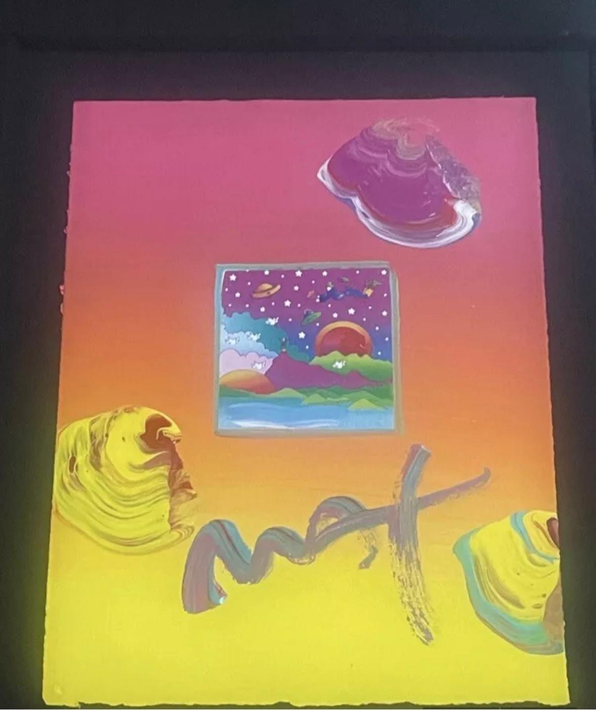 Peter max Cosmic Flyer With Sun on Blends, Gemälde in Mischtechnik. In gutem Zustand misst 24x21 .