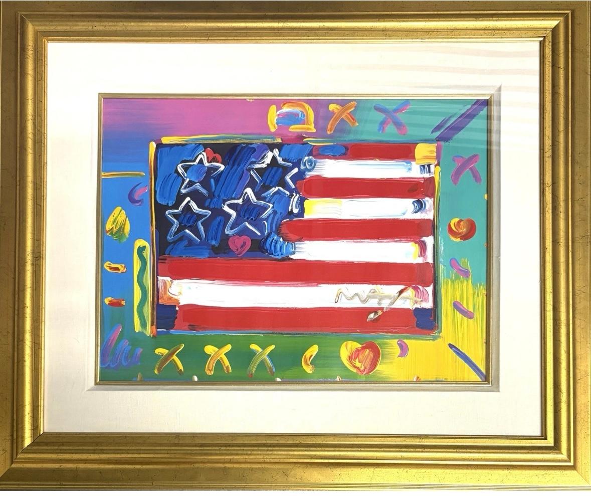 “Flag with heart” - Mixed Media Art by Peter Max