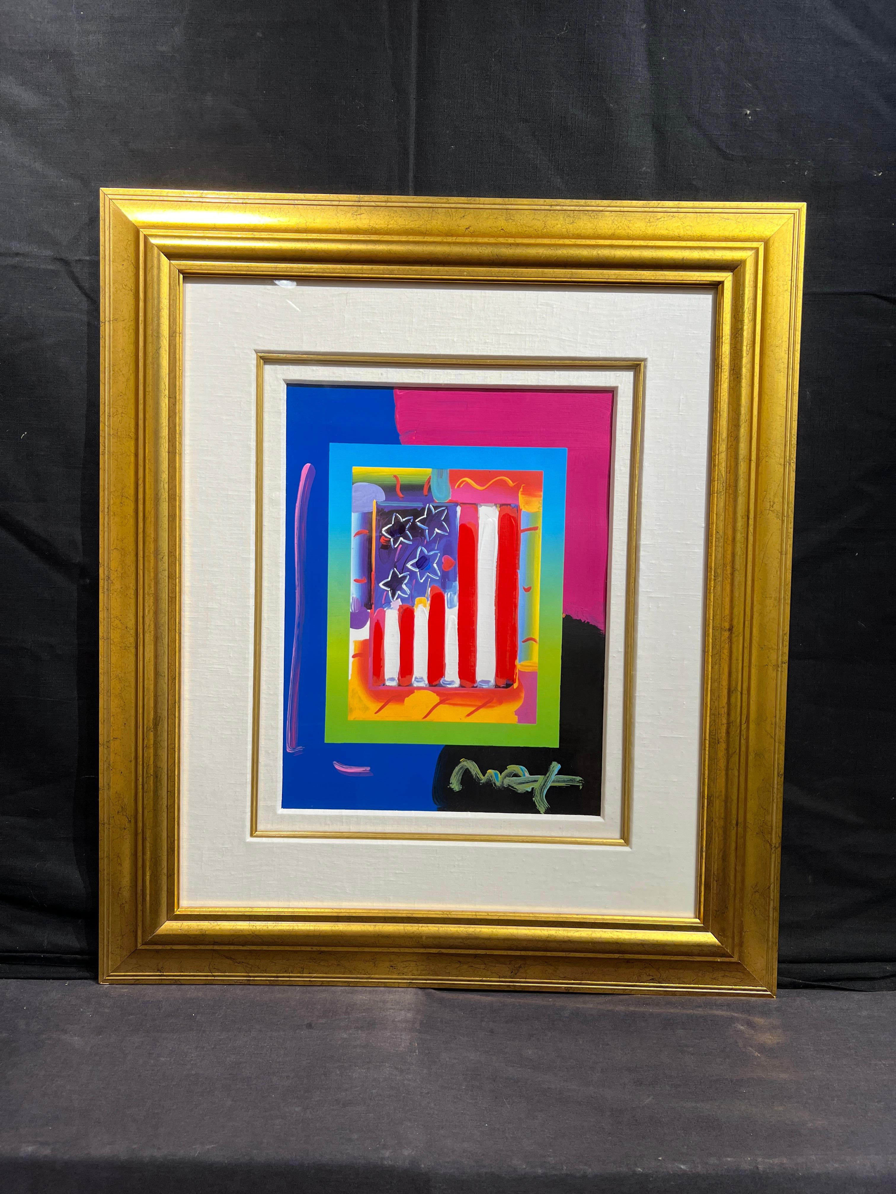 Peter Max (German, b. 1937)
Flag with Heart on Blends
Signed Lower Right
16.25 x 12 inches
31 x 26.5 inches with frame

Peter Max, born Peter Max Finkelstein,  is a multi-dimensional artist focused on contemporary events.  When he left art school in