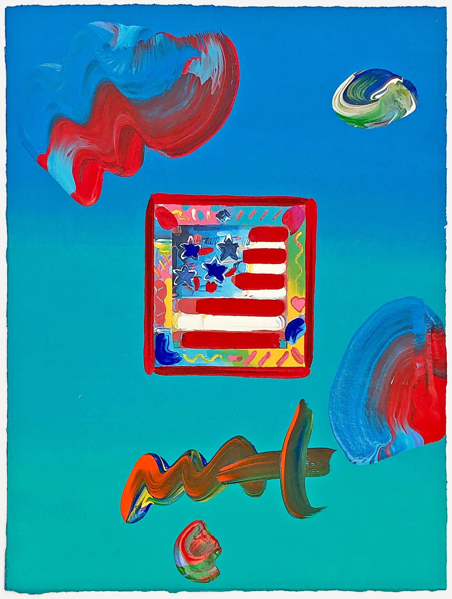 Drapeau avec cœur (unique technique mixte sur papier) - Pop Art Mixed Media Art par Peter Max