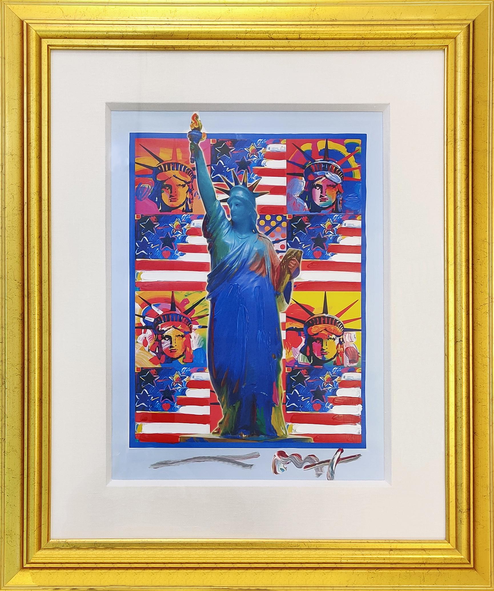 GOD BLESS AMERICA - WITH FIVE LIBERTIES - Painting by Peter Max