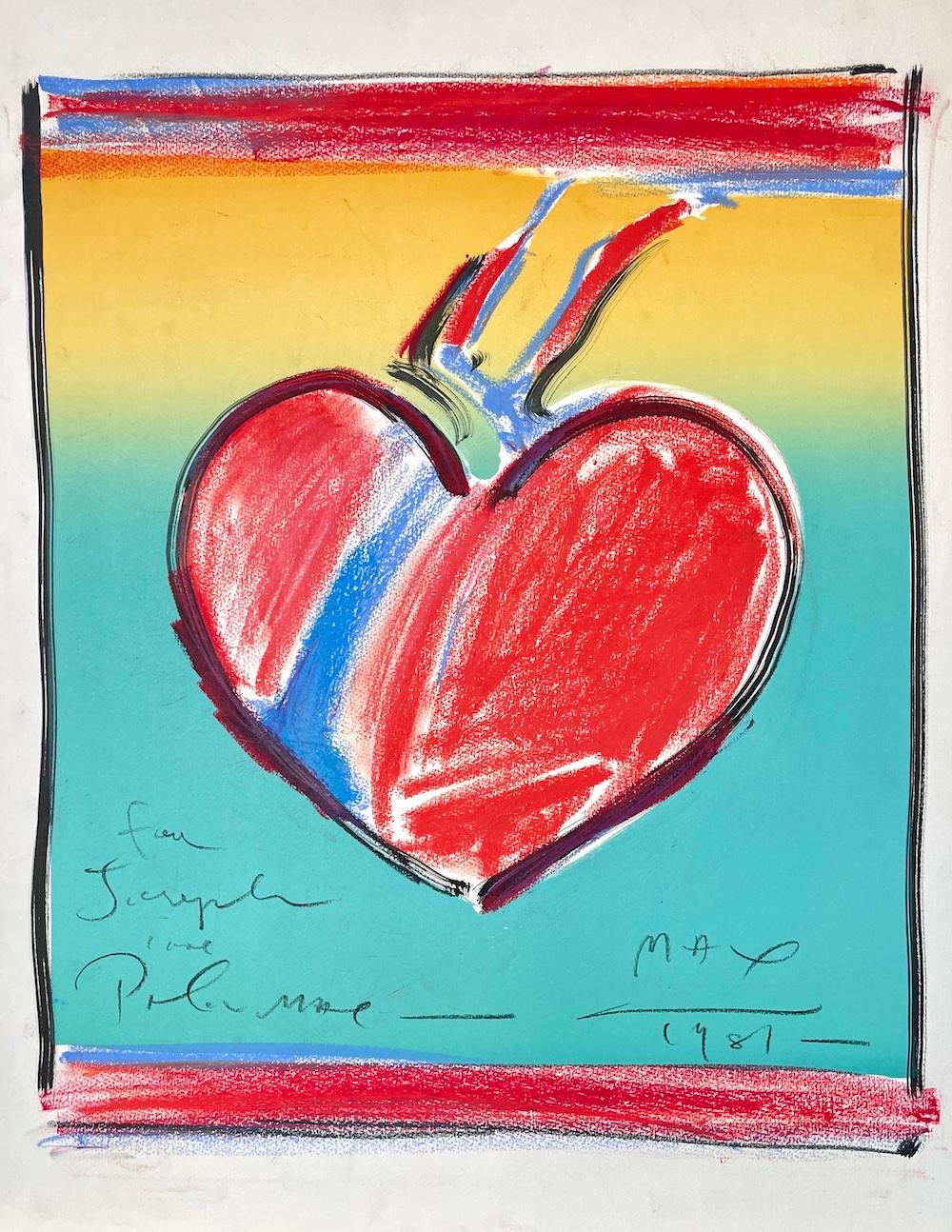 Litografia firmata HEART II con accenti a pastello, disegno di cuore Pop Art, rosso, blu