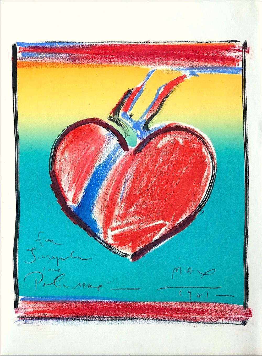 HEART II Signierte handkolorierte Lithographie, Liebessymbol, Rot, Gelb, Türkis (Pop-Art), Mixed Media Art, von Peter Max