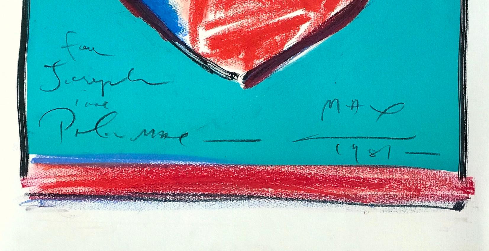 HEART II -  ist eine einzigartige, handkolorierte Lithografie der Ikone der Popkultur - Peter Max. Das Bild Herz II wurde 1981 als Lithographie in limitierter Auflage von 165 Exemplaren in traditioneller Handlithographietechnik auf Archivpapier