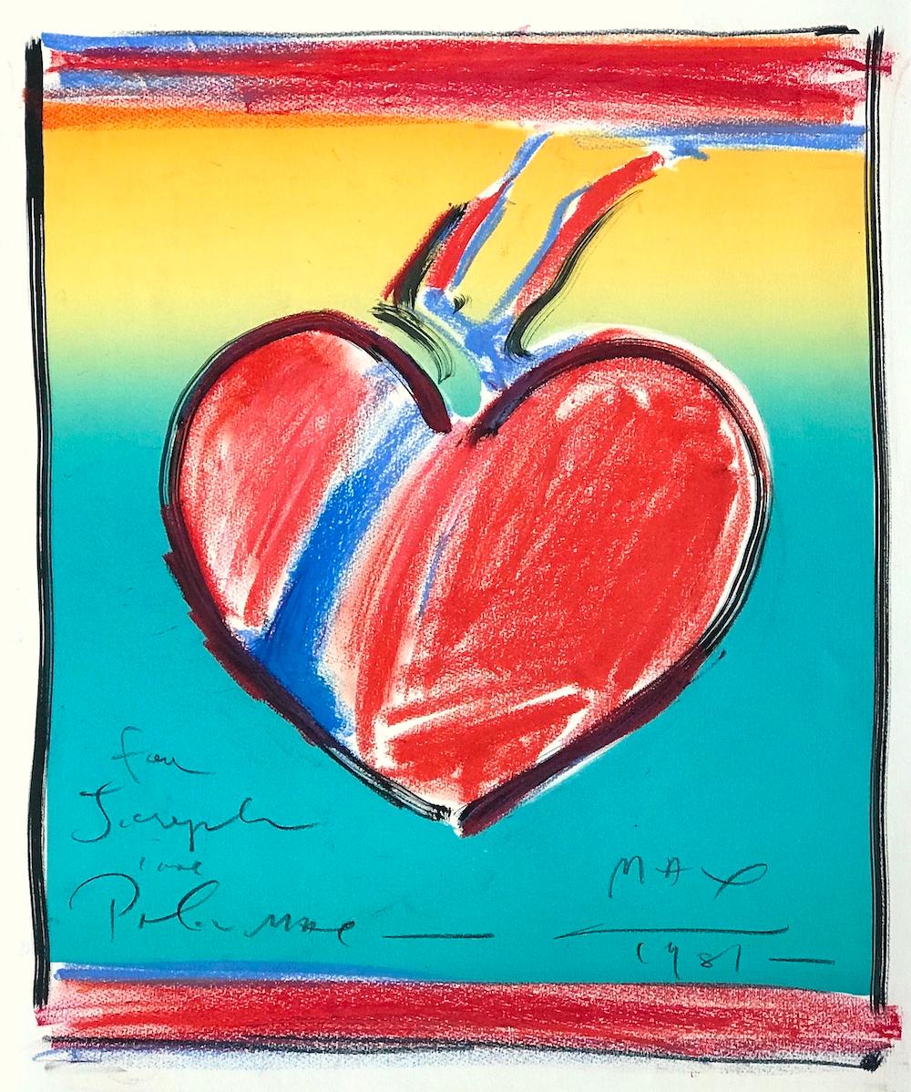 HEART II -  ist eine einzigartige, handkolorierte Lithografie mit Pastellzeichnung von der Popkultur-Ikone Peter Max. Das Bild Herz II wurde 1981 als Lithographie in limitierter Auflage von 165 Exemplaren in traditioneller Handlithographietechnik