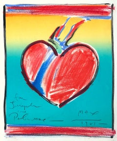 HEART II Signed Hand Colored Lithograph, Love Symbol, Red, Yellow, Turquoise
