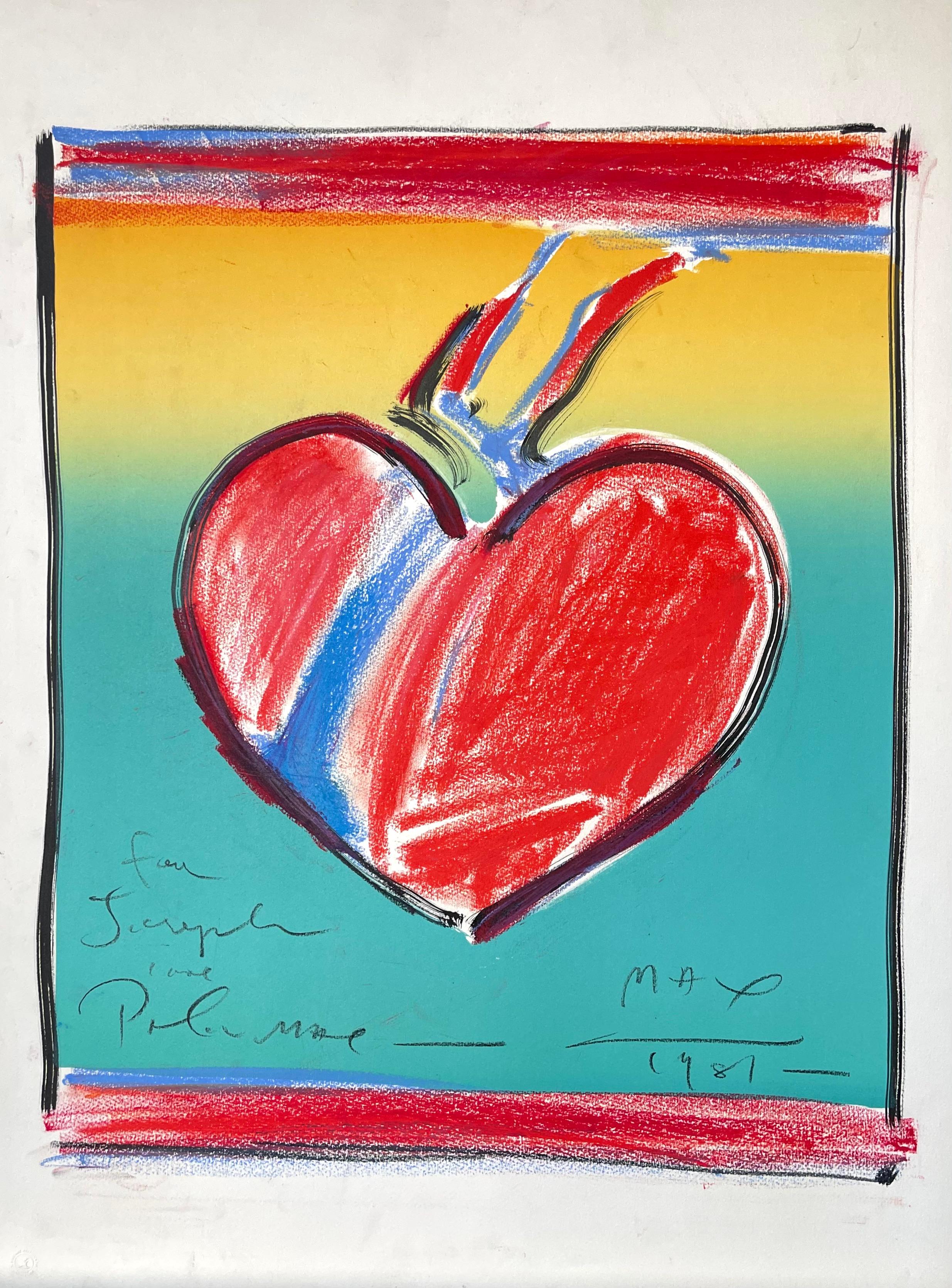 Lithographie signée HEART II avec accents pastel, dessin de cœur Pop Art, rouge, bleu - Mixed Media Art de Peter Max