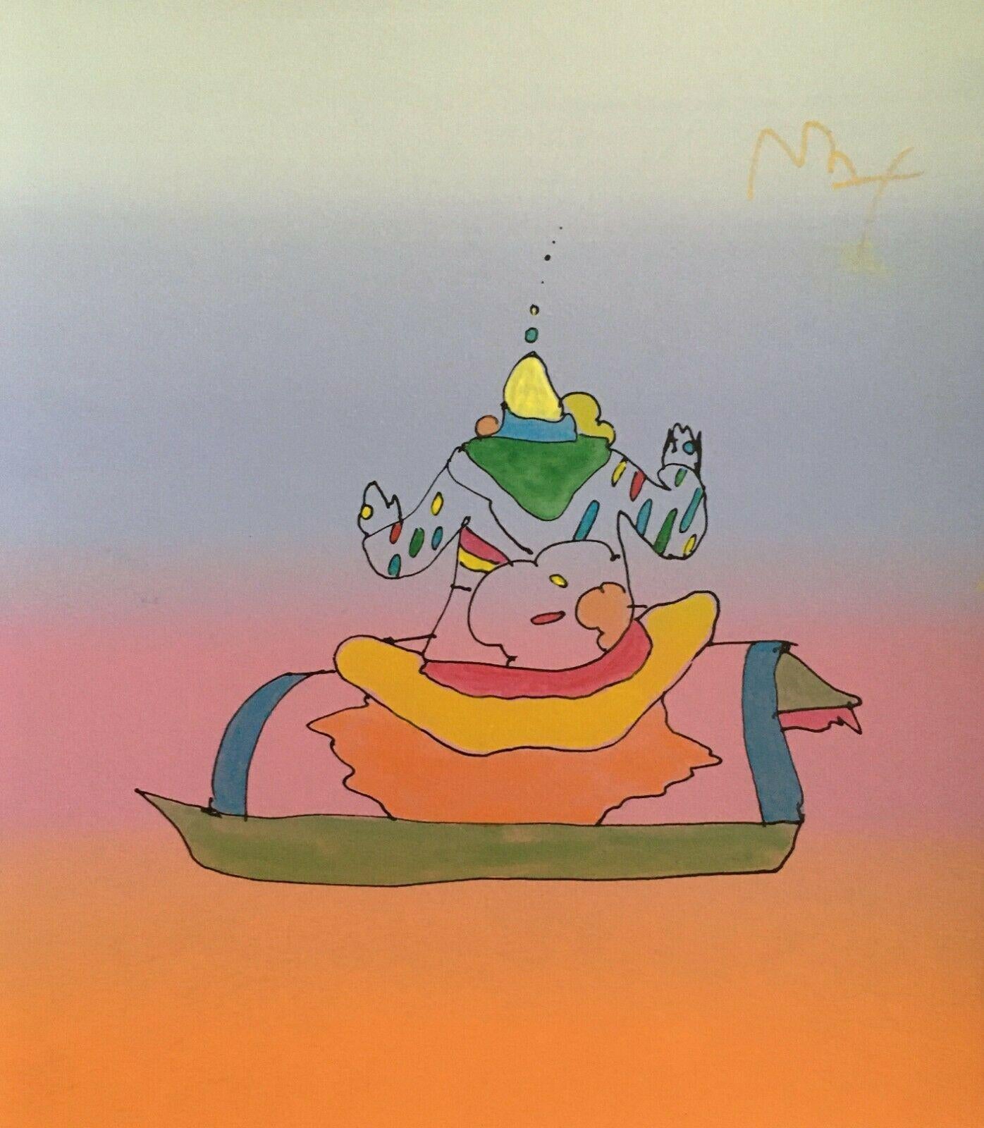 Artist: Peter Max (1937)
Title: Magic Carpet Ride
Year: circa 1998
Medium: Silkscreen and watercolor on Arches paper
Size: 13.75 x 12 inches
Condition: Excellent
Inscription: Signed in gold permanent marker.

PETER MAX (1937- ) Peter Max has