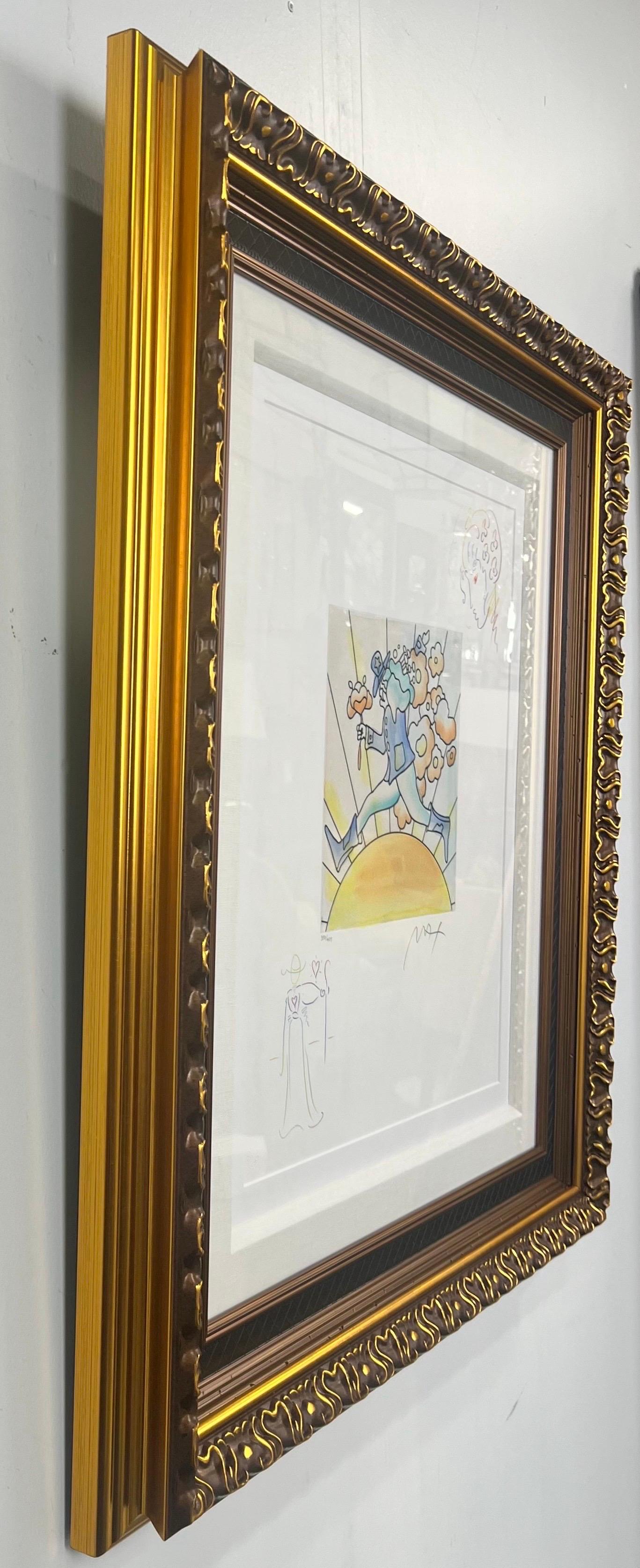 Peter Max Flower Jumper Over Sunrise Gravure et coloration à la main signée et encadrée en vente 10