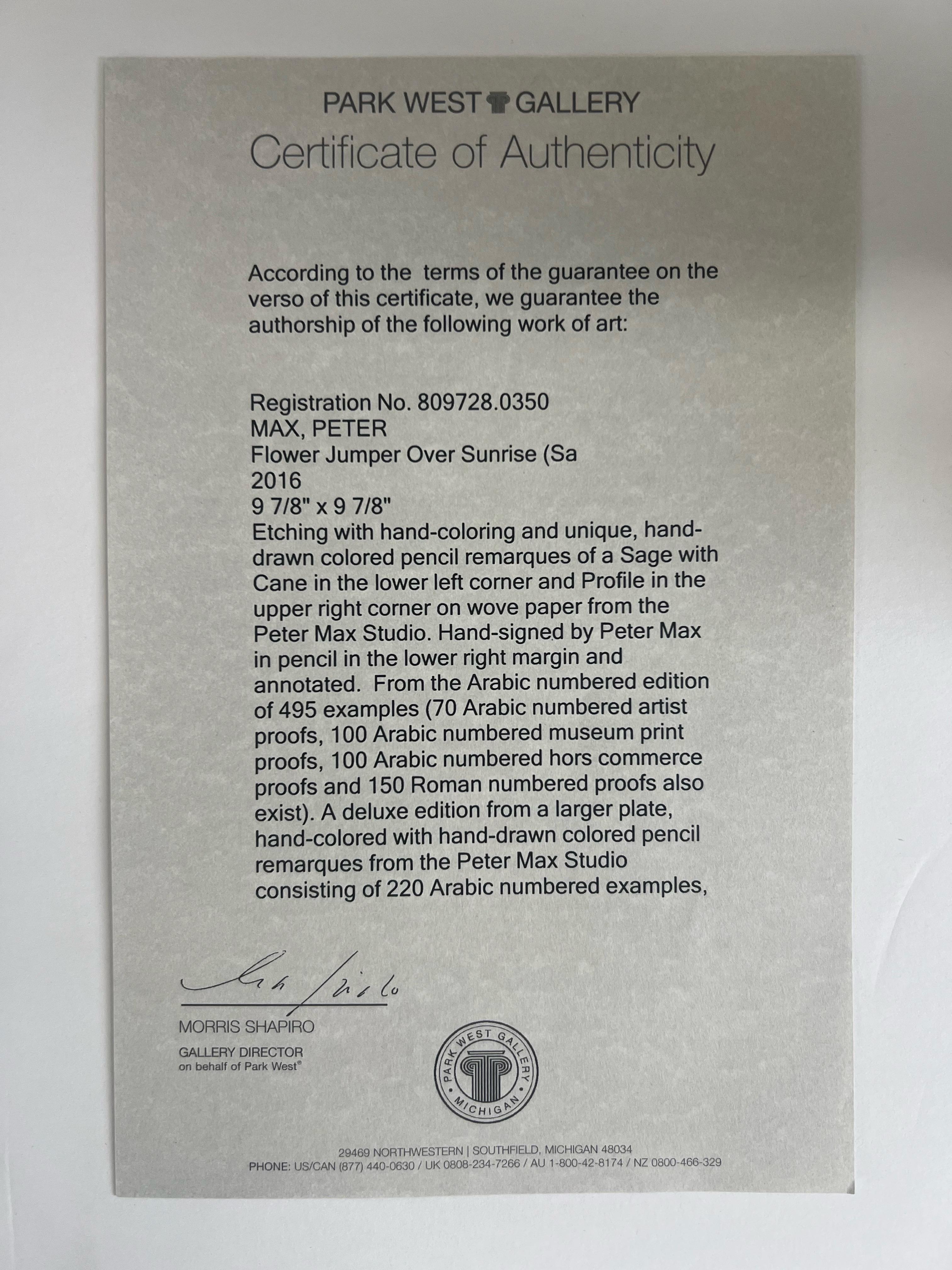 Peter Max Flower Jumper Over Sunrise Gravure et coloration à la main signée et encadrée en vente 11