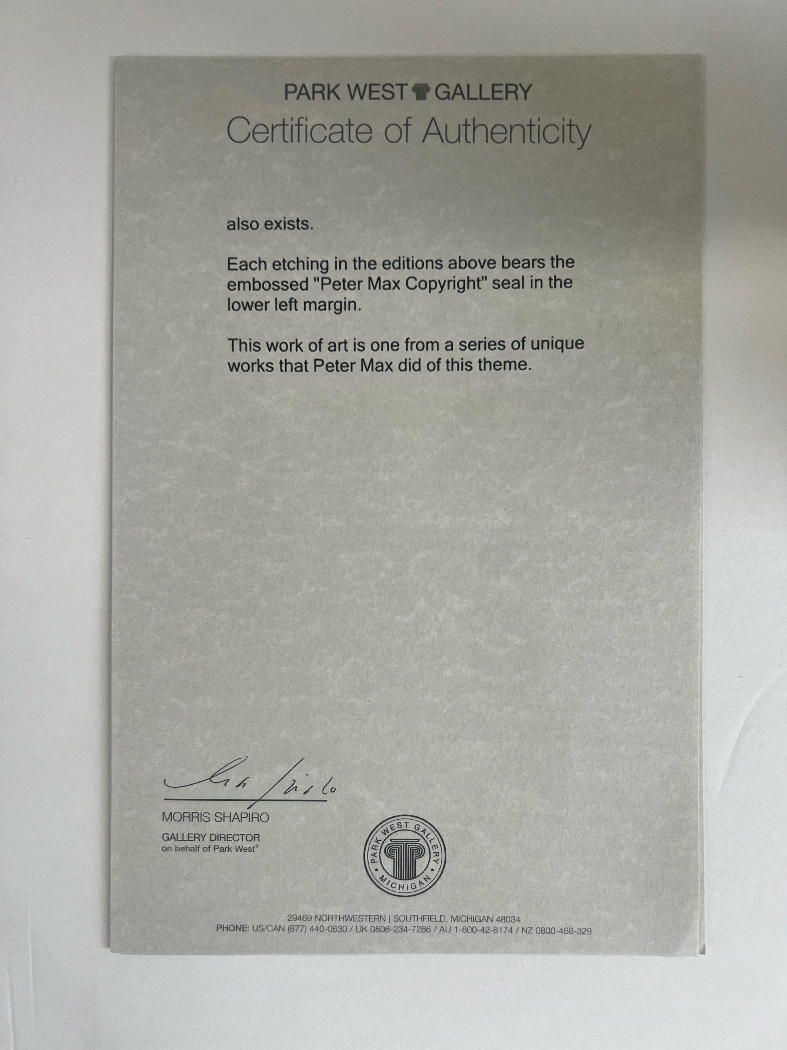 Peter Max Flower Jumper Over Sunrise Gravure et coloration à la main signée et encadrée en vente 12