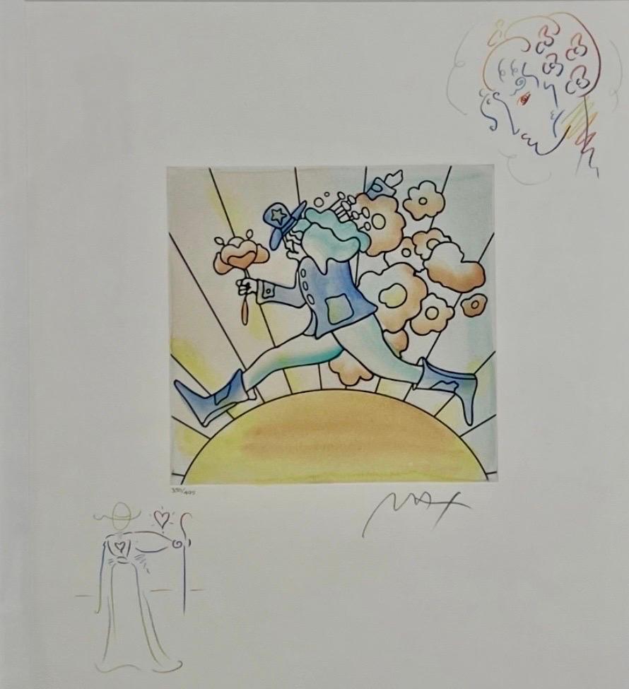 Peter Max Flower Jumper Over Sunrise Gravure et coloration à la main signée et encadrée en vente 2