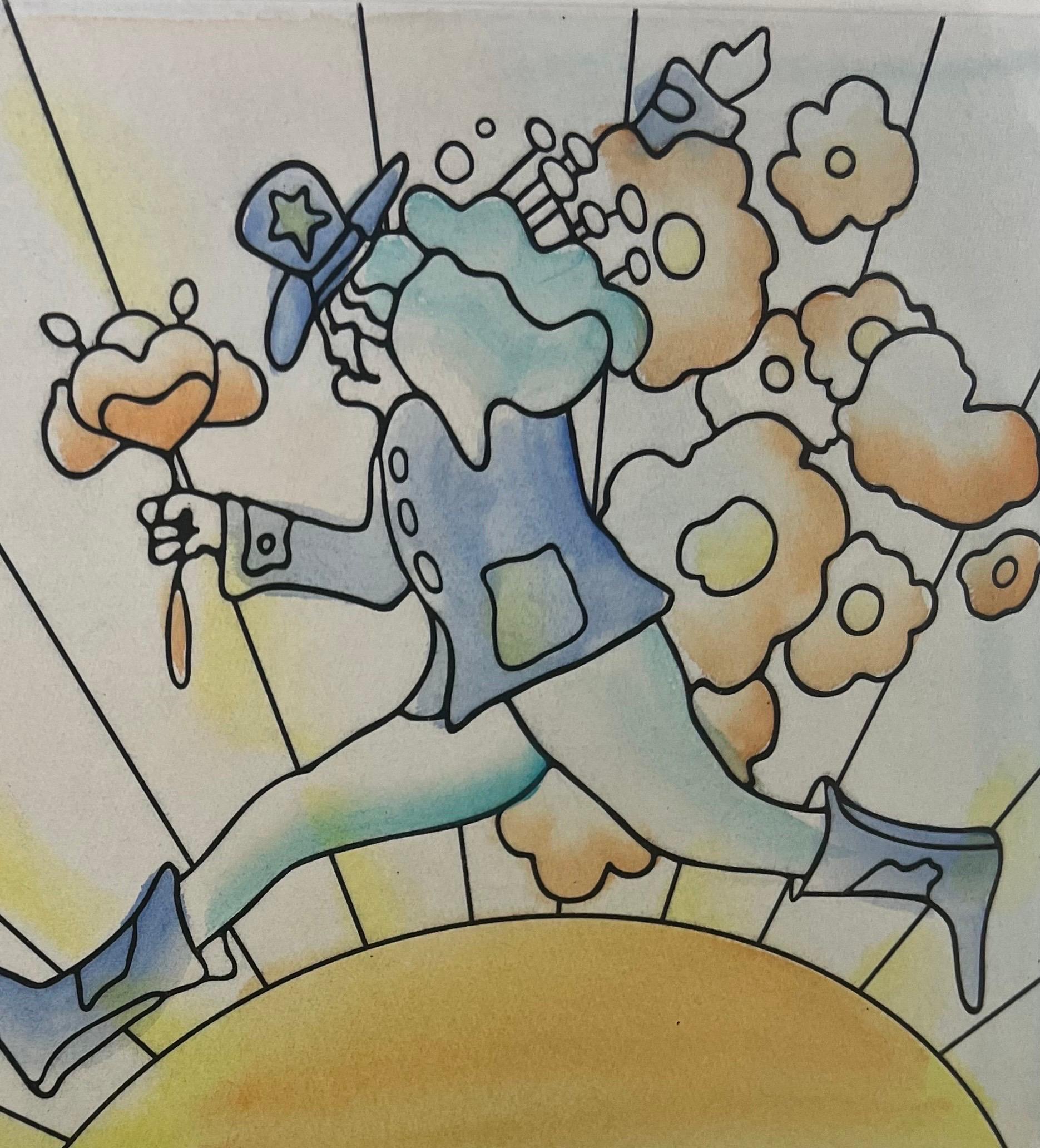 Peter Max Flower Jumper Over Sunrise Gravure et coloration à la main signée et encadrée en vente 3