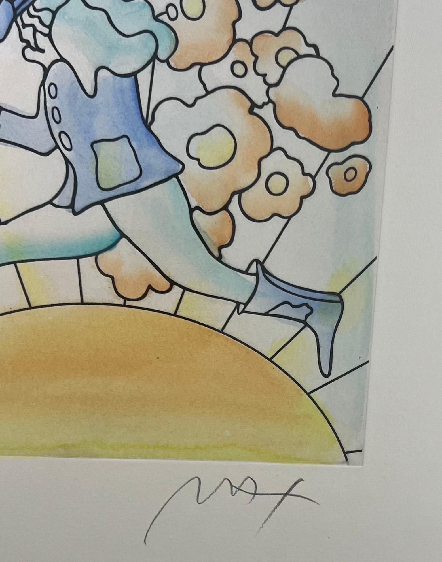 Peter Max Flower Jumper Over Sunrise Gravure et coloration à la main signée et encadrée en vente 4