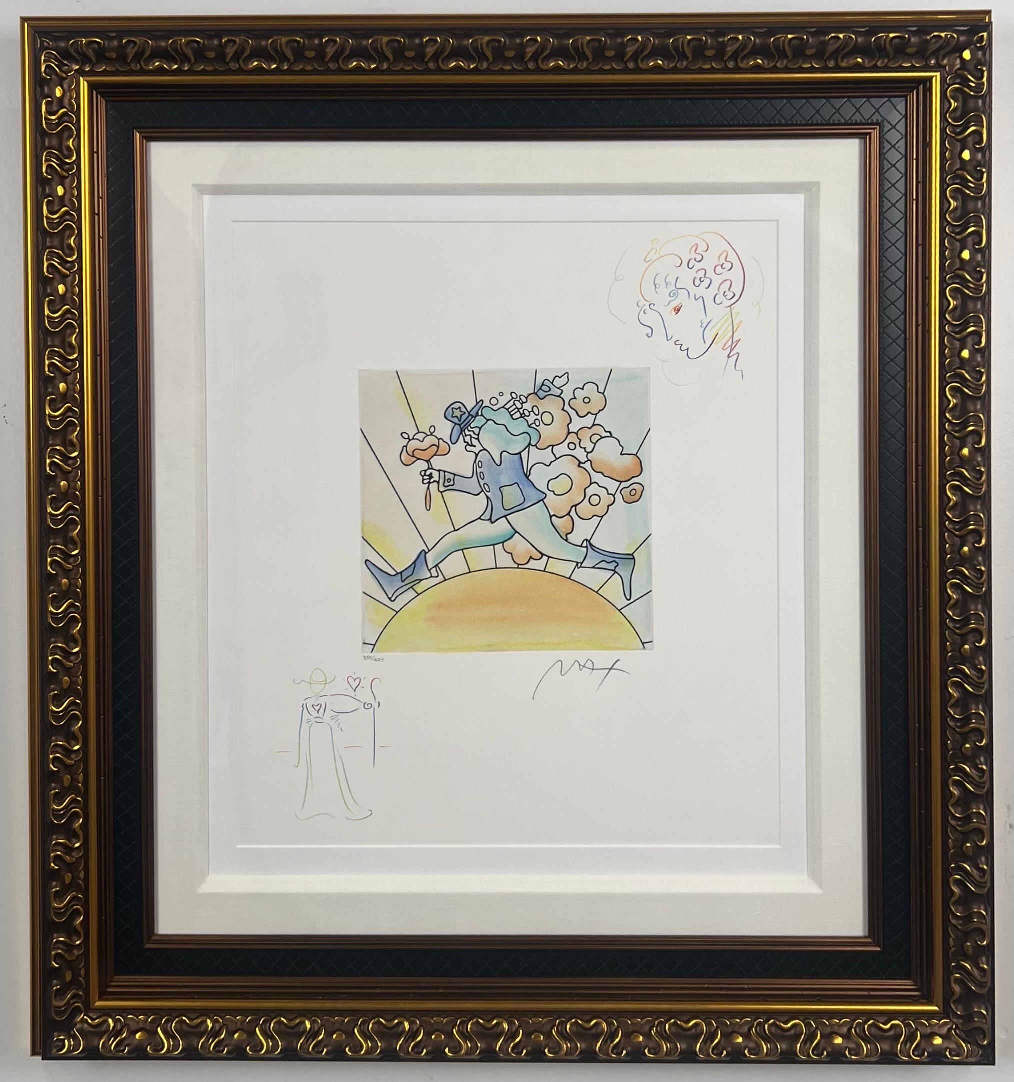 Peter Max (germano-américain, né en 1937)
Pull à fleurs au-dessus de l'aube (Sa), 2016
Gravure avec coloration à la main et remarques au crayon de couleur sur papier vélin
Taille de l'image : 9 7/8" x 9 7/8"
Signé et annoté à la main au crayon par