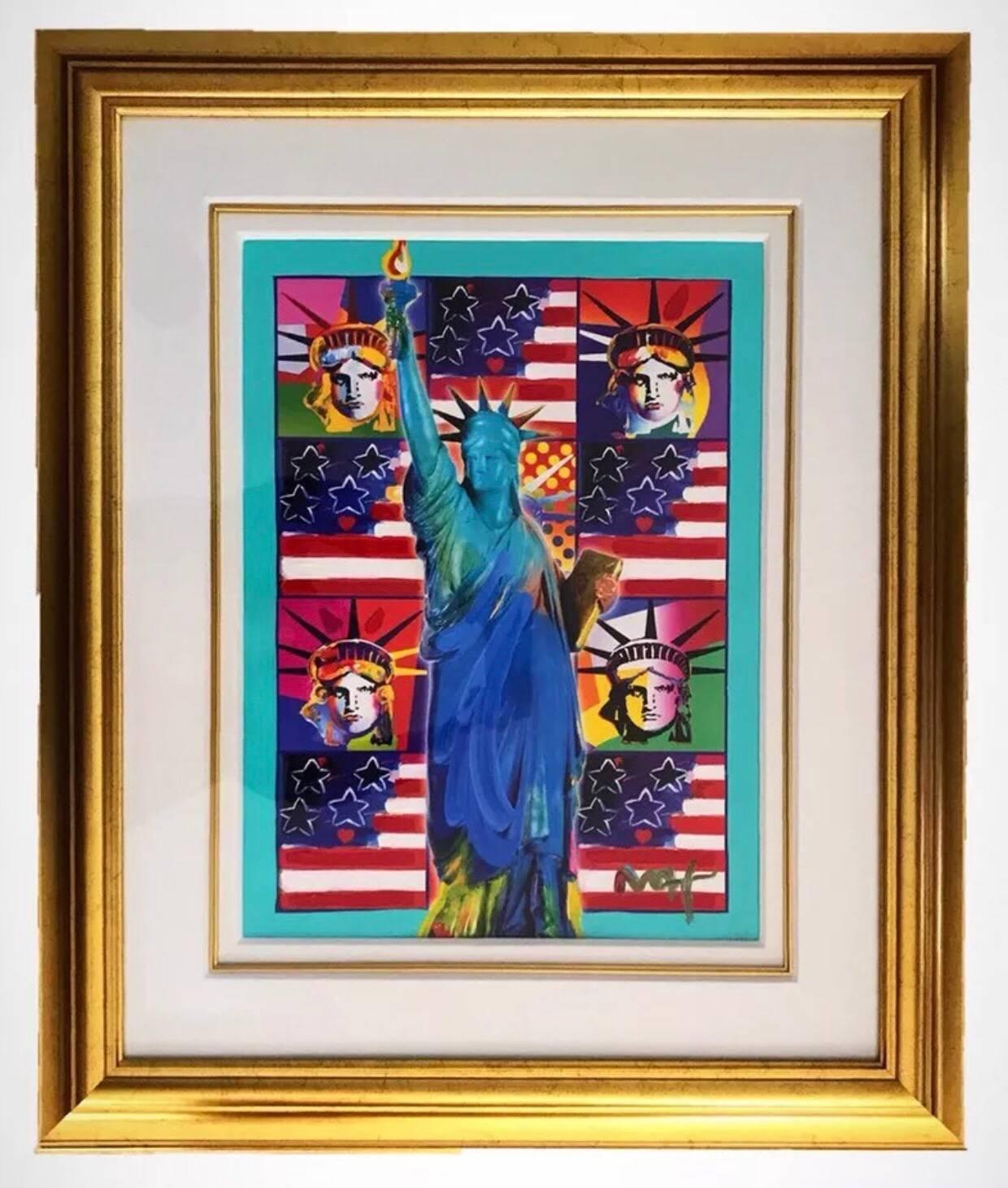 Peter Max - God Bless America III
With Five Liberties.
FRAMED (gilt and linen)
REGISTRATION NUMBER:156567.0922
APPRAISED VALUE (2015) $12,800 (U.S)
2005
24” x 18”
Mixed media with acrylic painting and colour lithography on paper.
Signed in