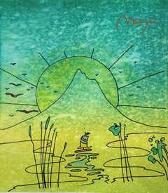 Peter Max 'Sailboat Sunrise' mixed media on paper