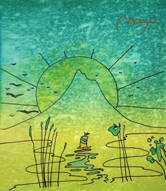 Peter Max 'Sailboat Sunrise' mixed media on paper