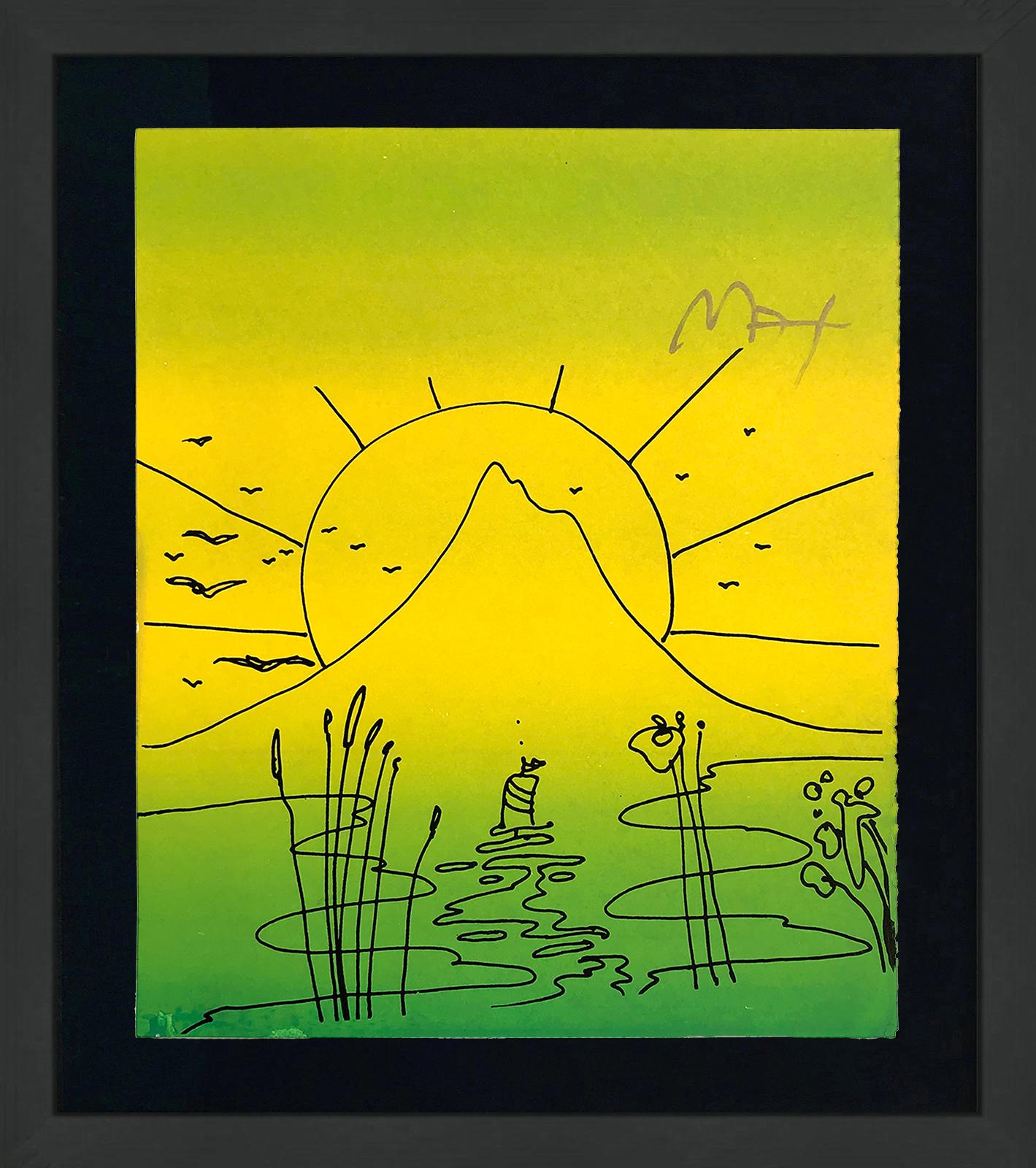 Sailboat Sunrise Mixed Media Drawing, Watercolor on Paper, Signed - Mixed Media Art by Peter Max