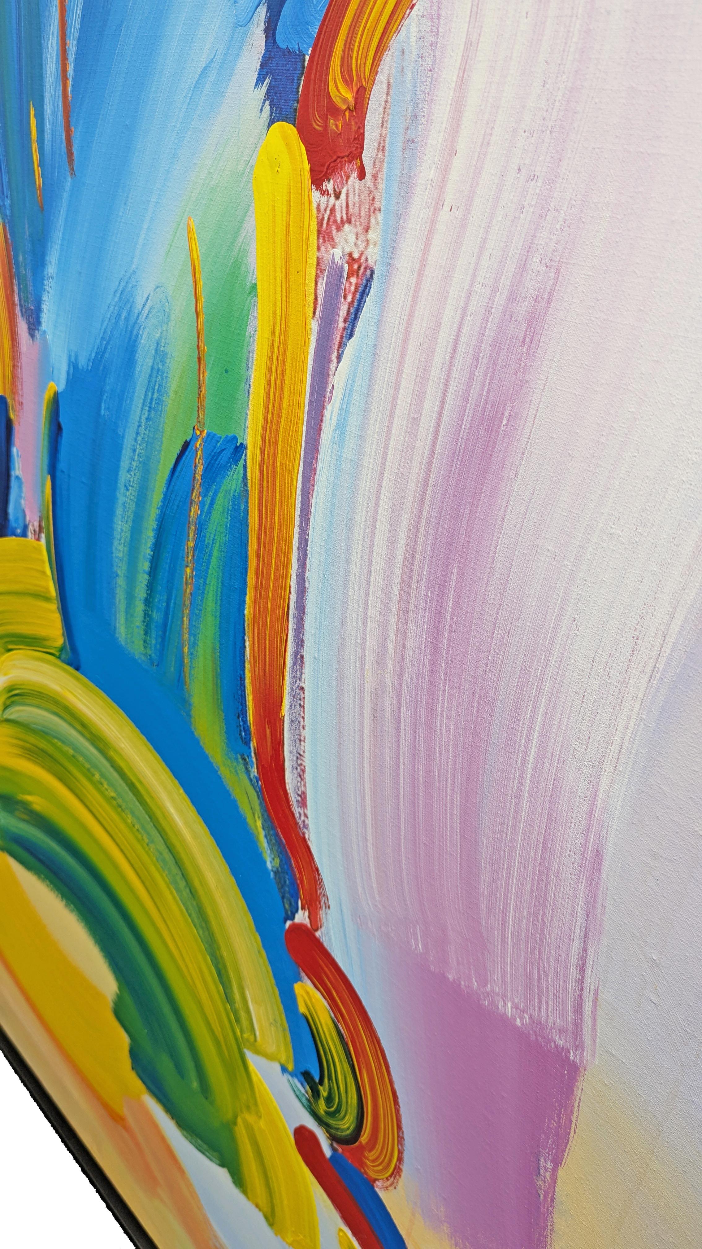 Original acrylic painting on canvas. Hand-signed and dated in acrylic on front by Peter Max. Canvas size 96 x 48 
inches.  Frame size aprox 100 x 52 inches.  Peter Max studio catalog number and date on verso.

Dedicated 