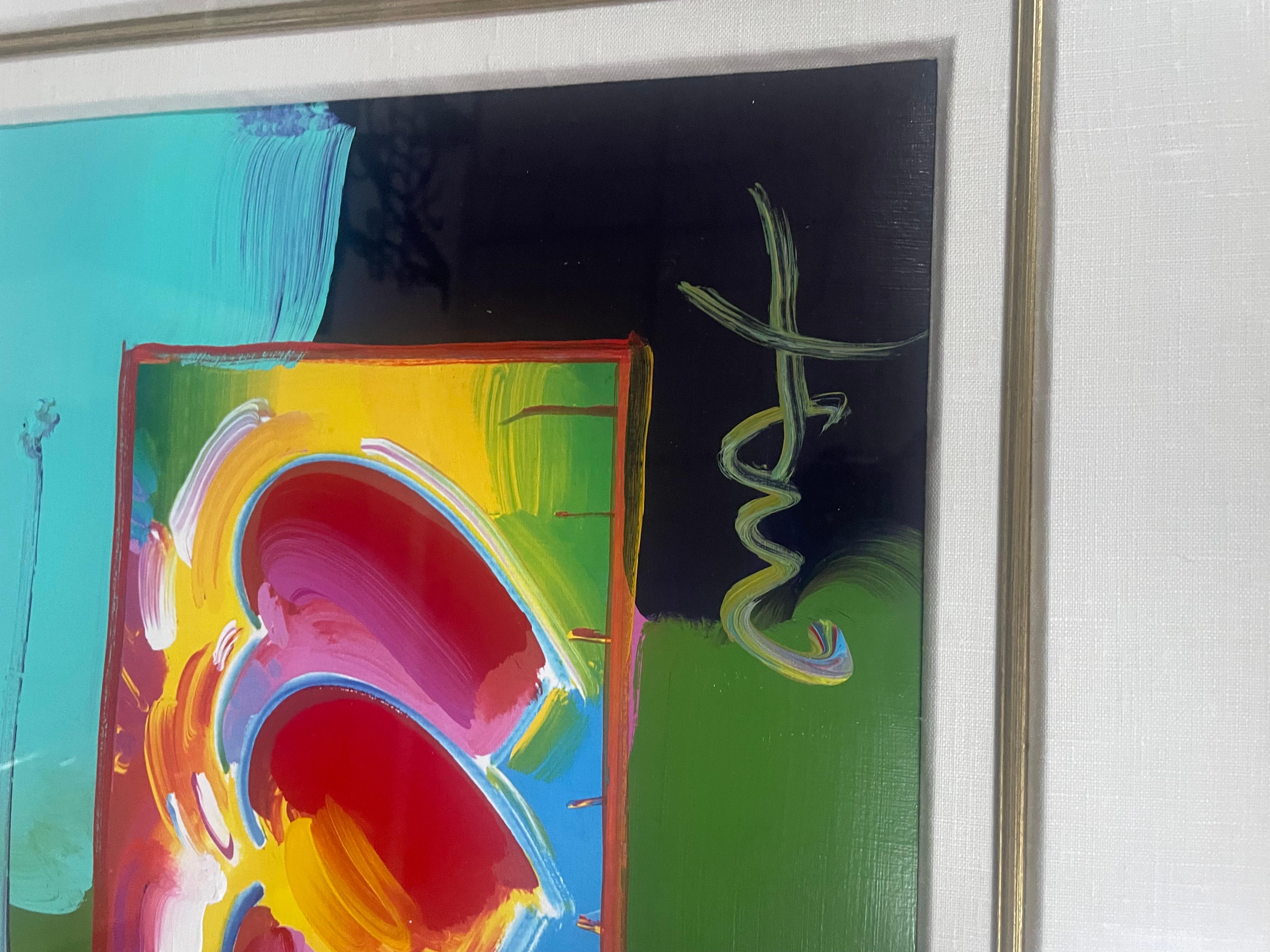 This is an original Peter max mixed media on paper. In good condition some minor scratches on frame. Comes with verification on the back from park west. Measures 27x31