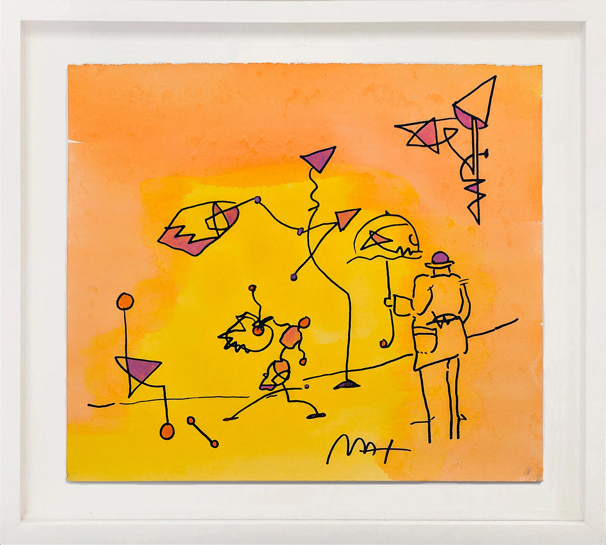 Umbrella Man Original Mixed Media Drawing, Watercolor on Paper, Signed - Mixed Media Art by Peter Max