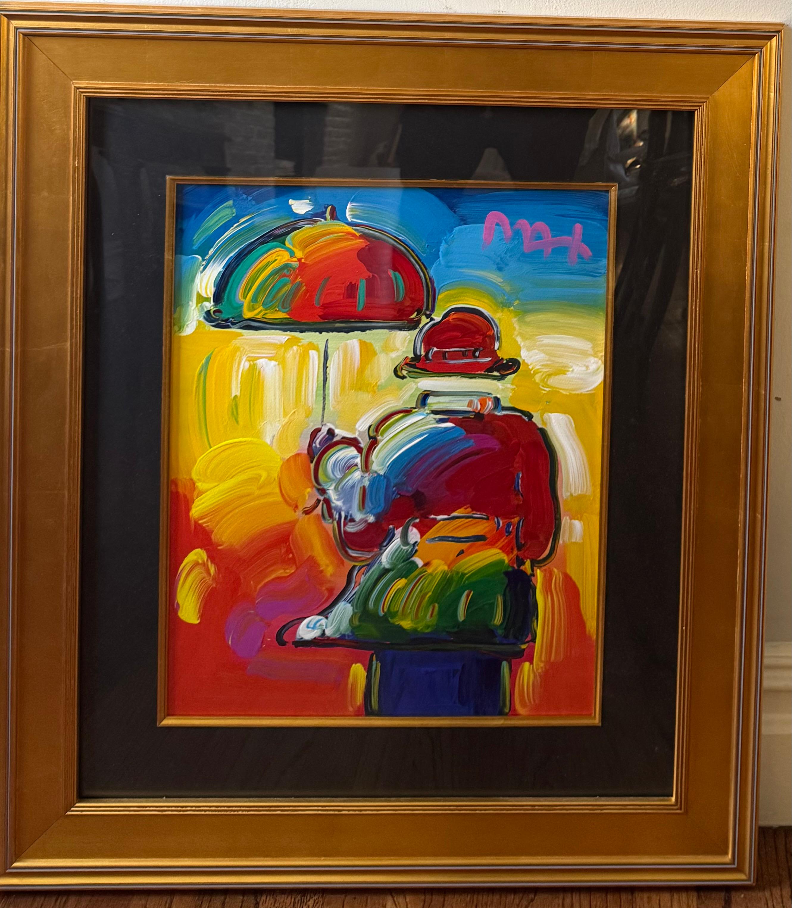 Peter Max
Umbrella man
16x20 inches unframed
28x32 inches with frame
Acrylic Paint on Mixed Media
From a Florida collection, purchased from Wentworth gallery

First off, sorry for all the glares in the photos, hard with glass….Painting is bright,