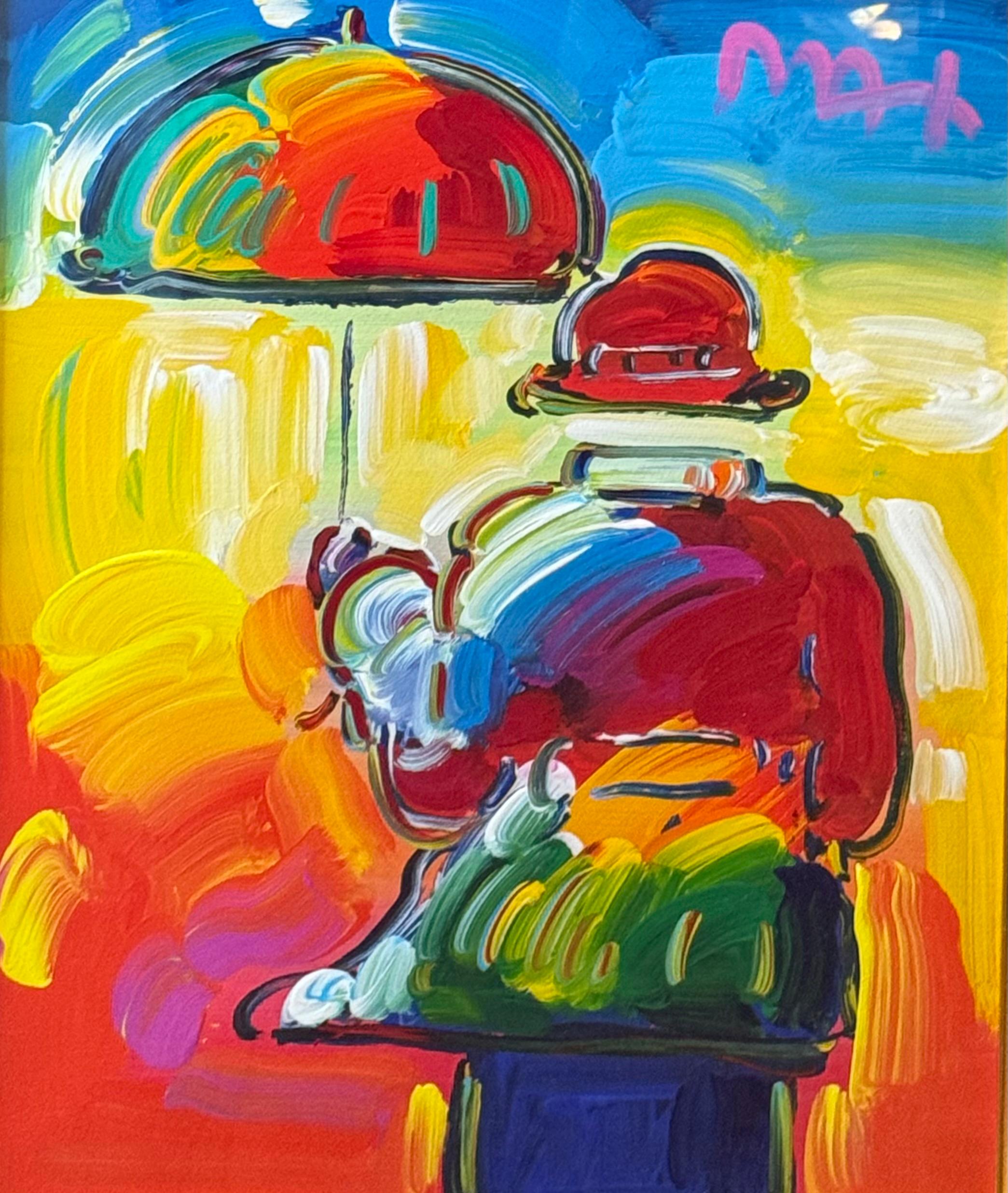 UMBRELLA MAN Pop Art Acrylic on Mixed Media Gallery Label Verso For Sale 1