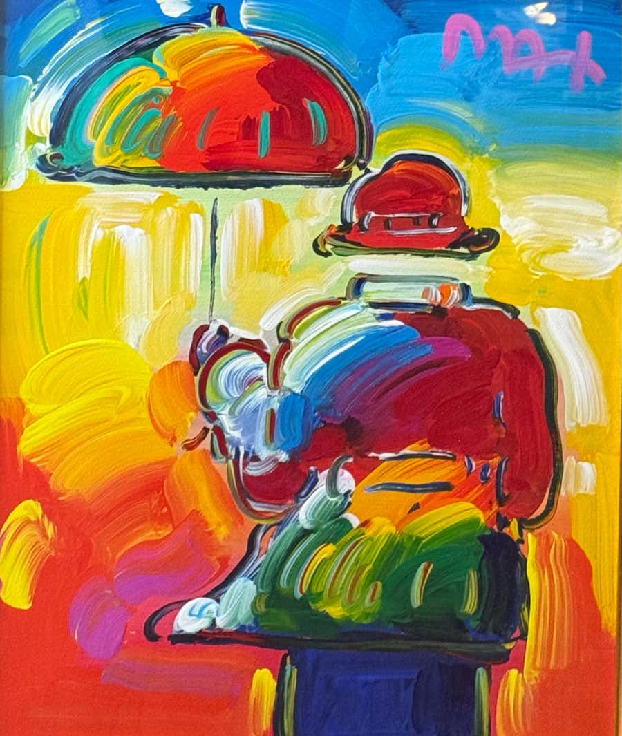 UMBRELLA MAN Pop Art Acrylic on Mixed Media Gallery Label Verso