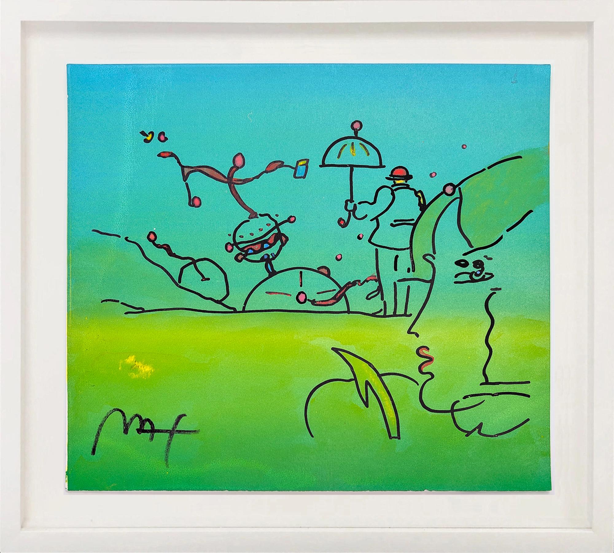 Peter Max Figurative Painting - Umbrella Man with Profile, Original Mixed Media Drawing, Signed, 18x20