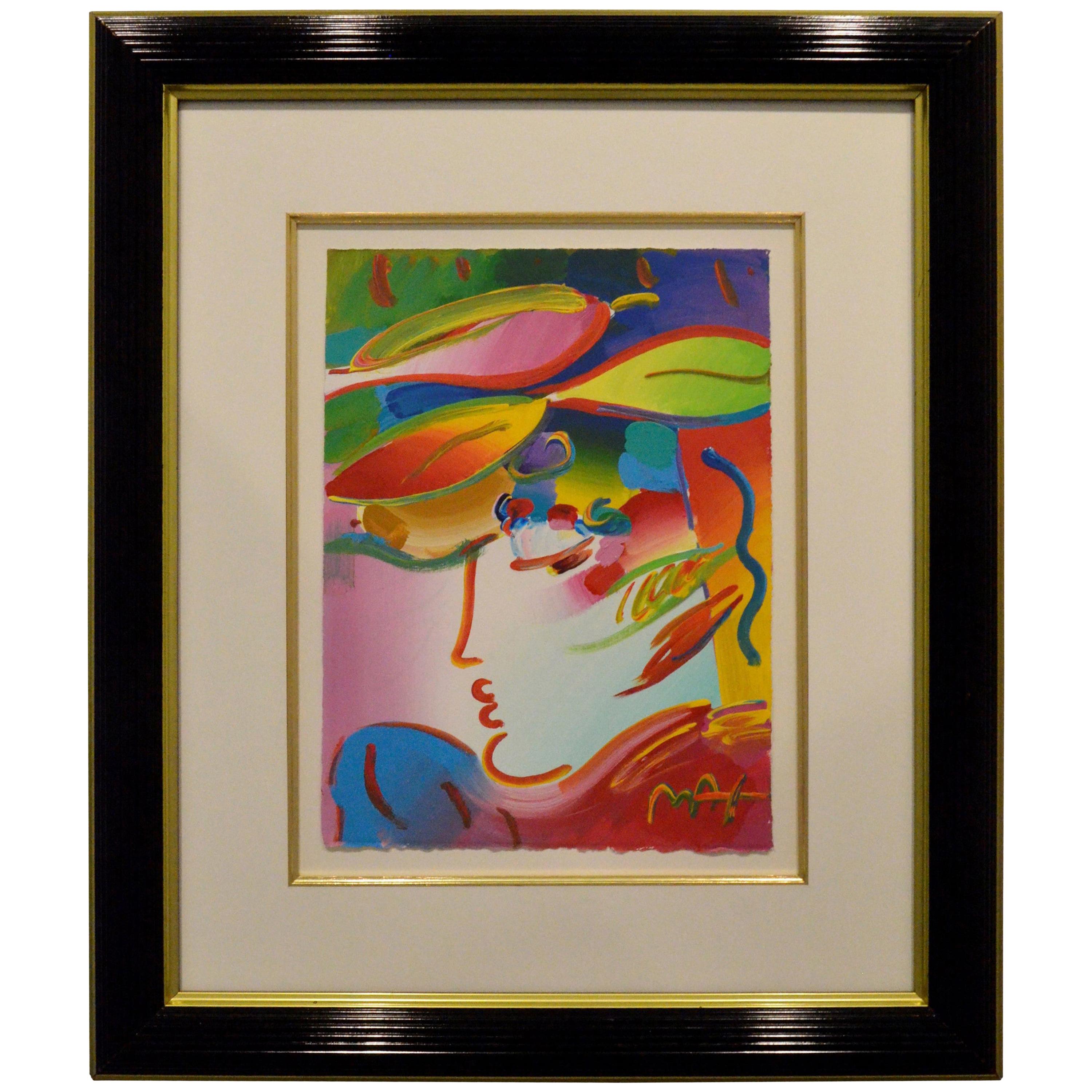 Peter Max Original Acrylic "The Profile" Painting on Paper in Red, Blue & Green For Sale