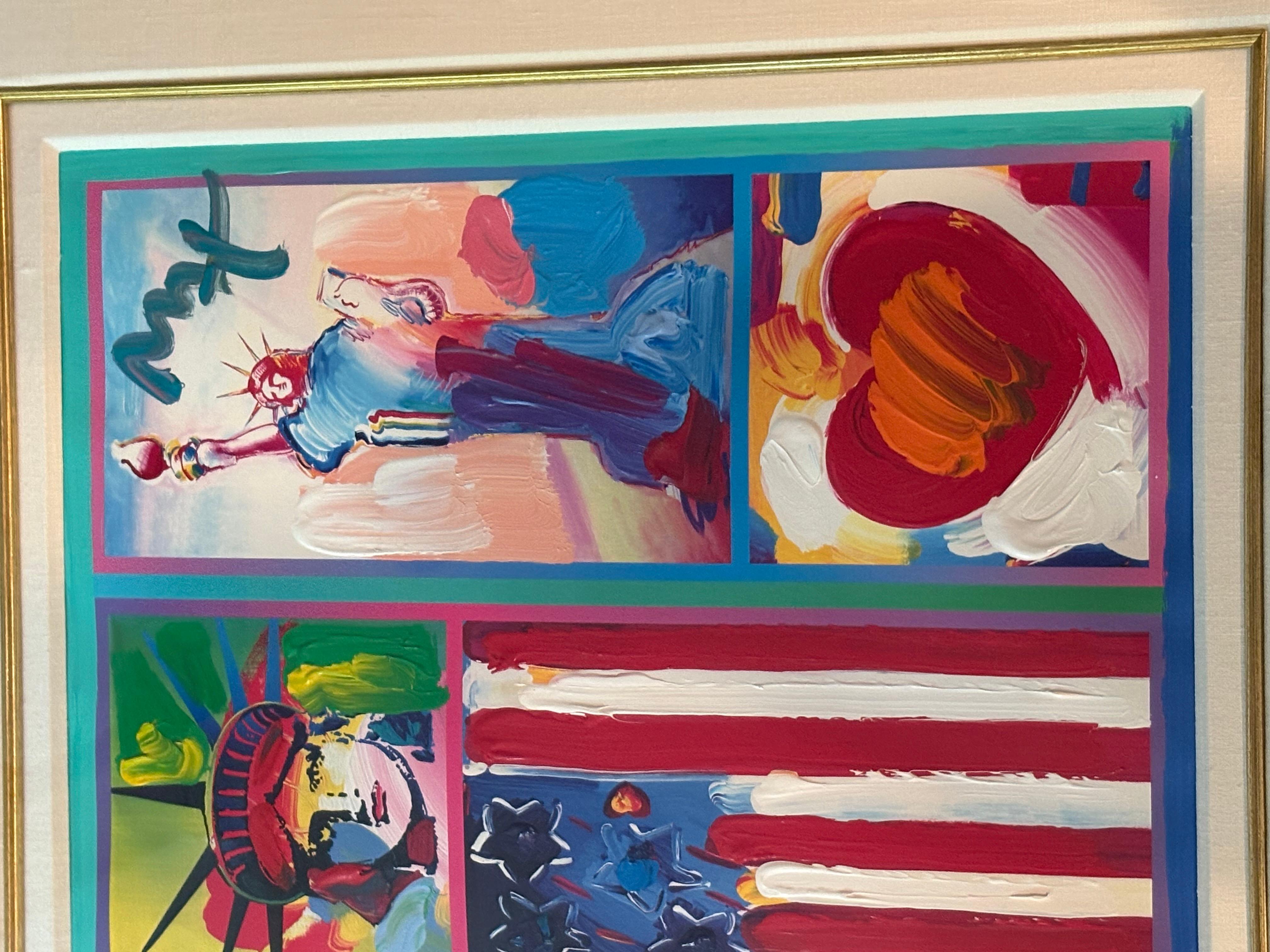 Peter Max Acrylique Signée Mixed Media 2 Libertés, Drapeau, et Cœur. En bon état mesure 33x28