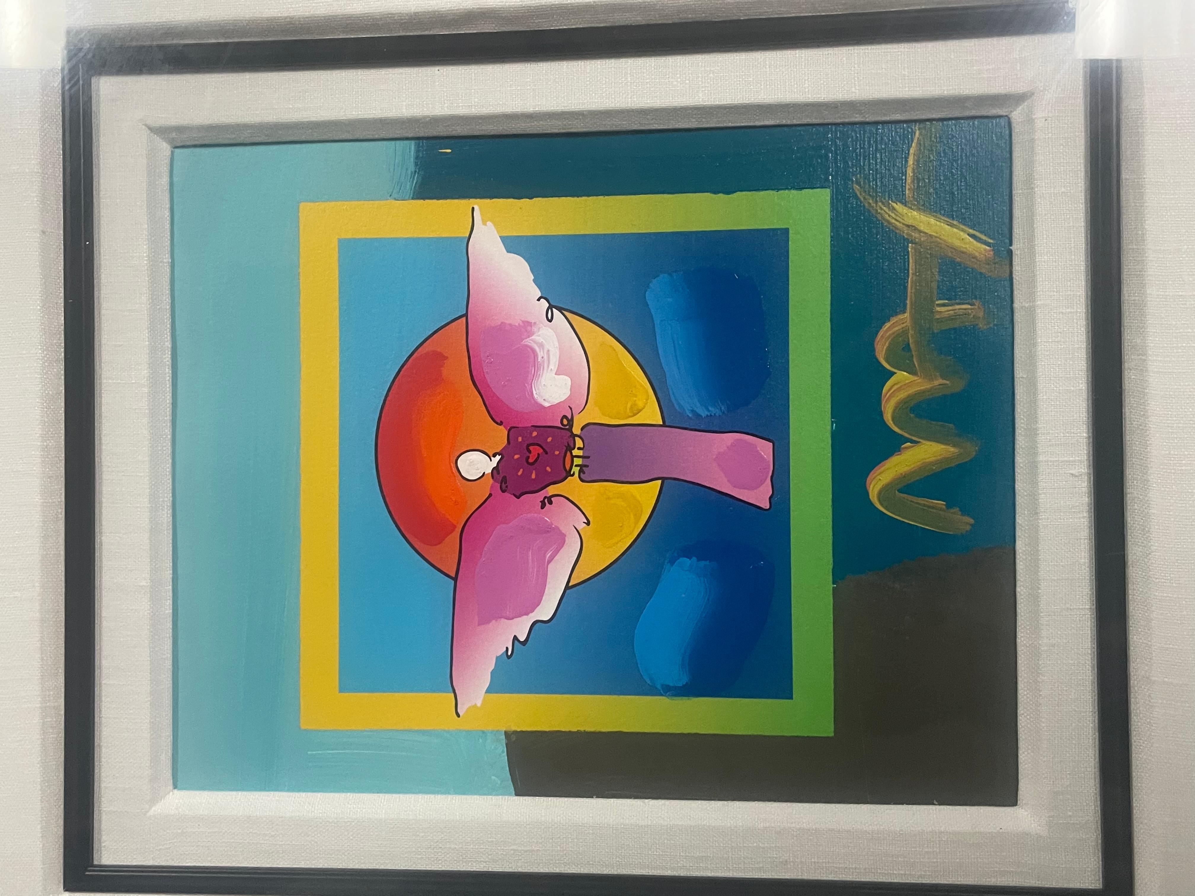 This is an Peter max original mixed media on paper. Back has Providence from park west gallery. Measures 25x23. Frame has minor damage 